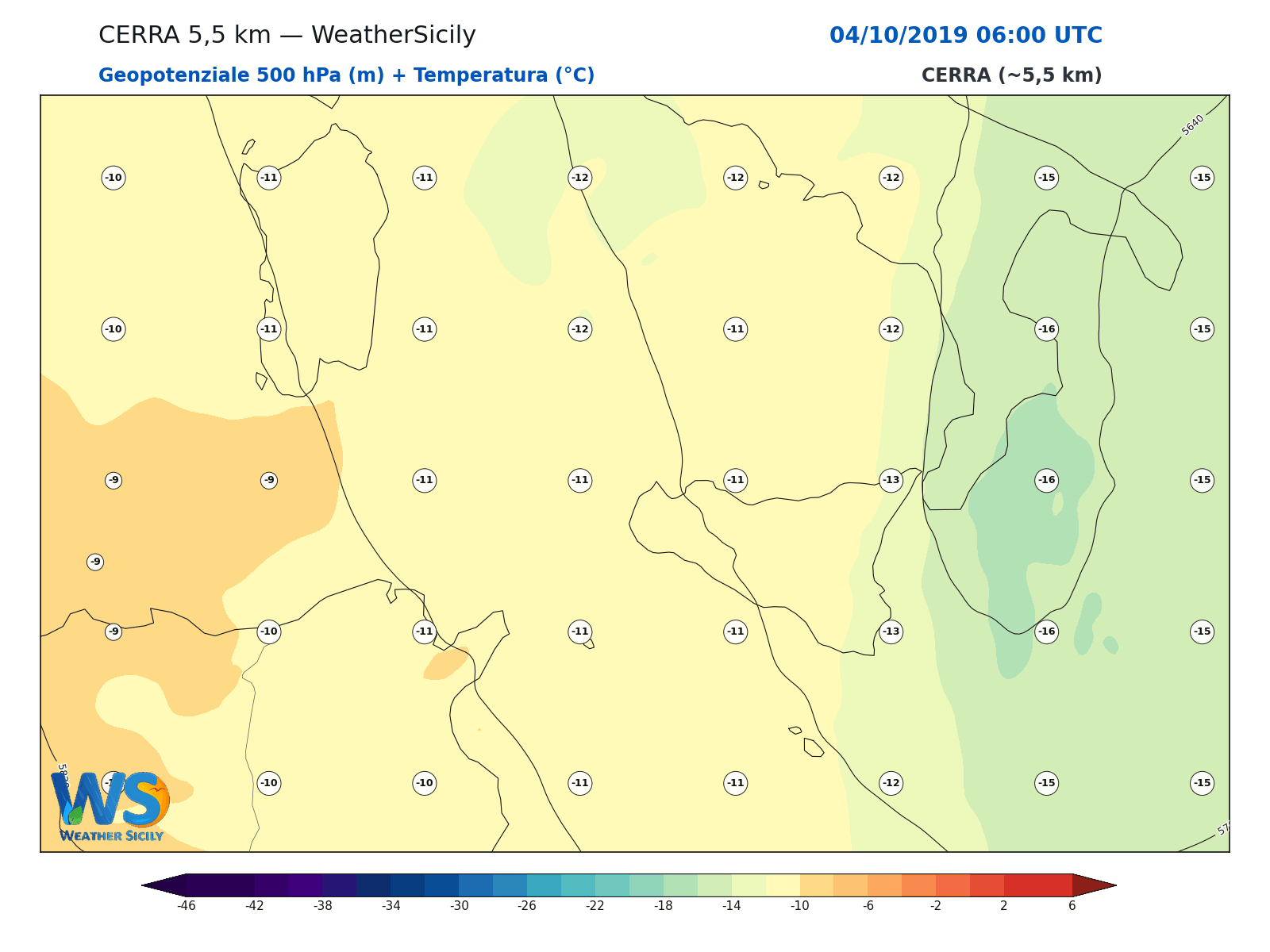 Geopotenziale 500 hPa + Temperatura · 2019100406