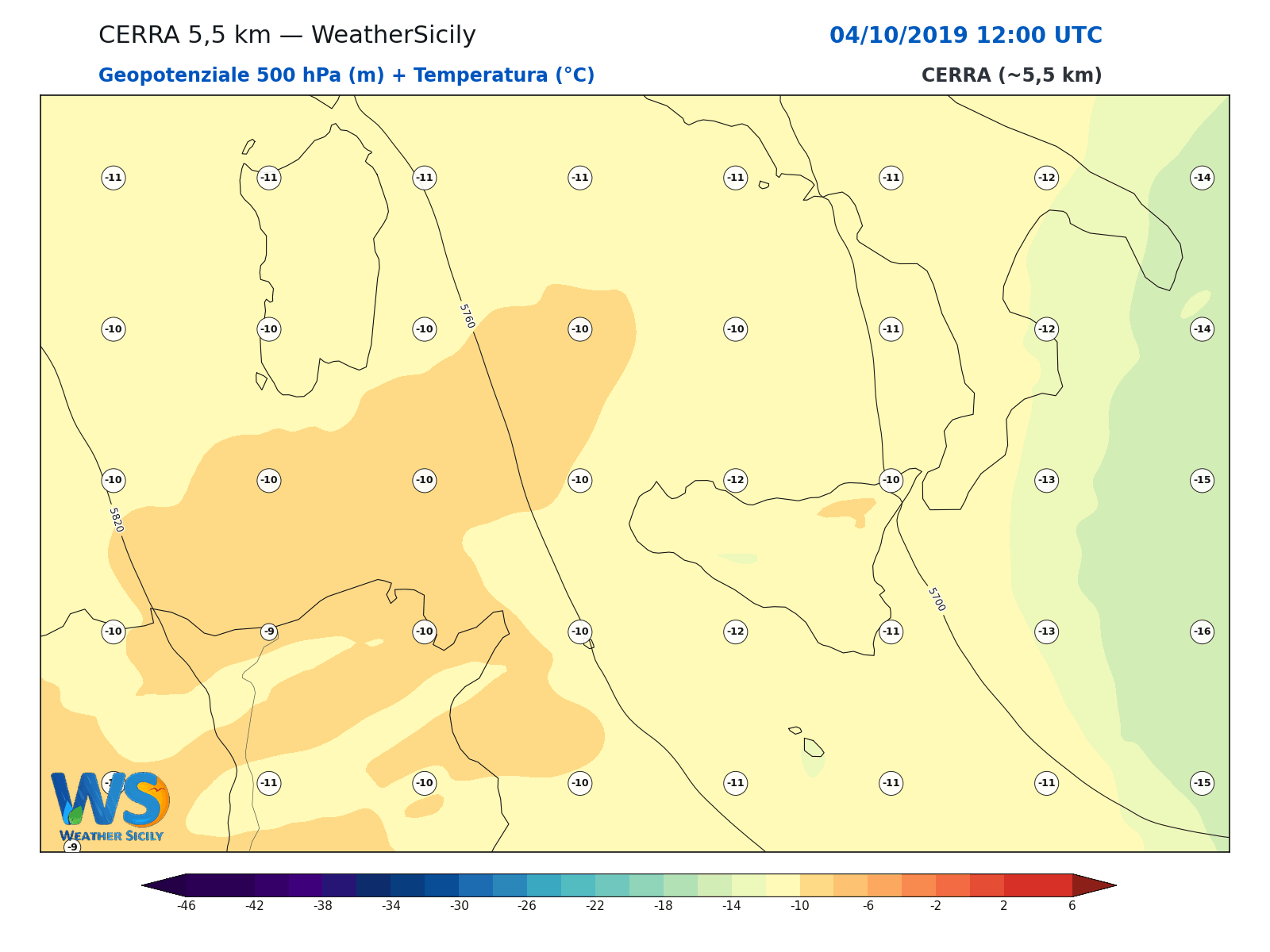 Geopotenziale 500 hPa + Temperatura · 2019100412