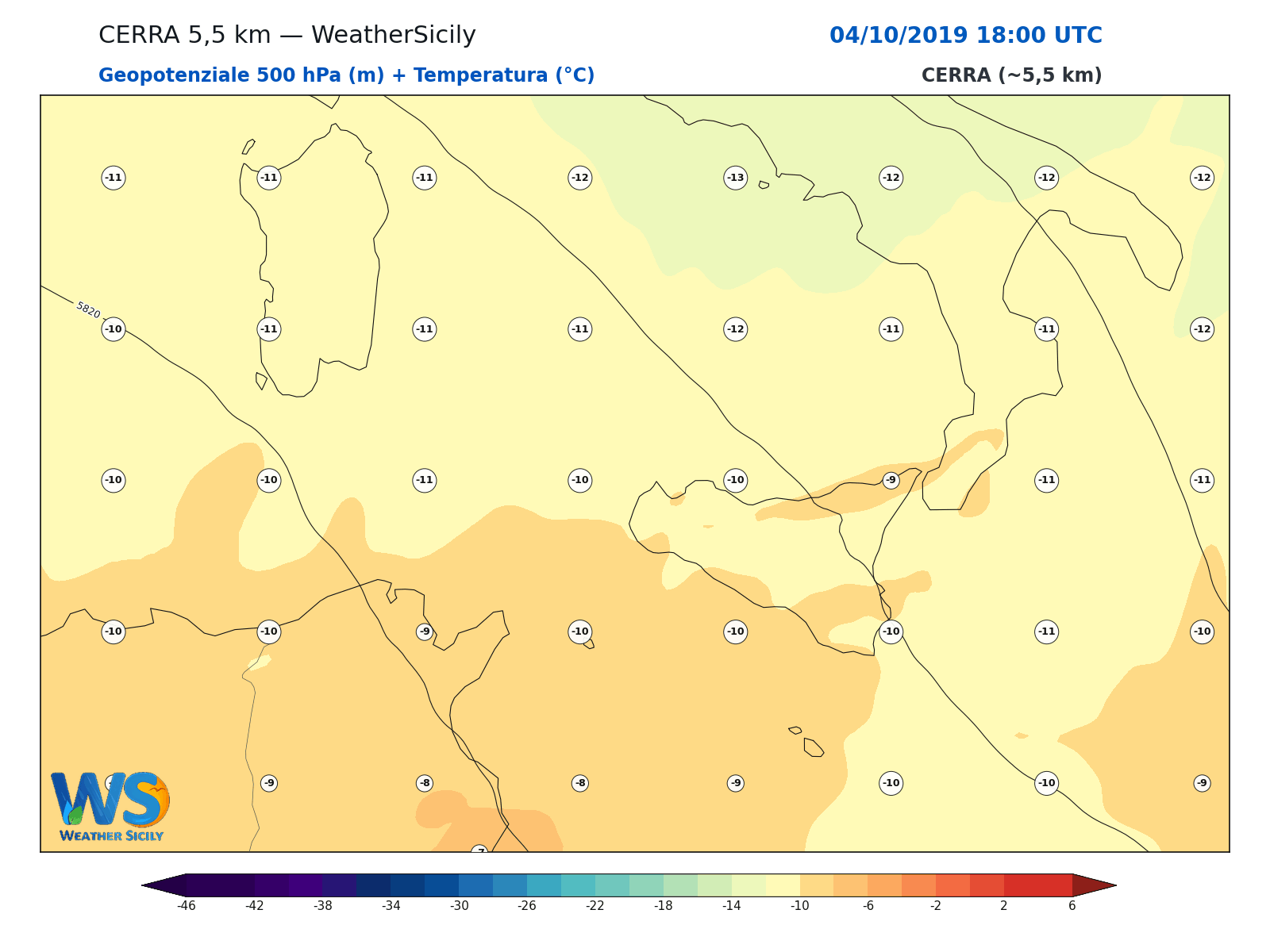 Geopotenziale 500 hPa + Temperatura · 2019100418