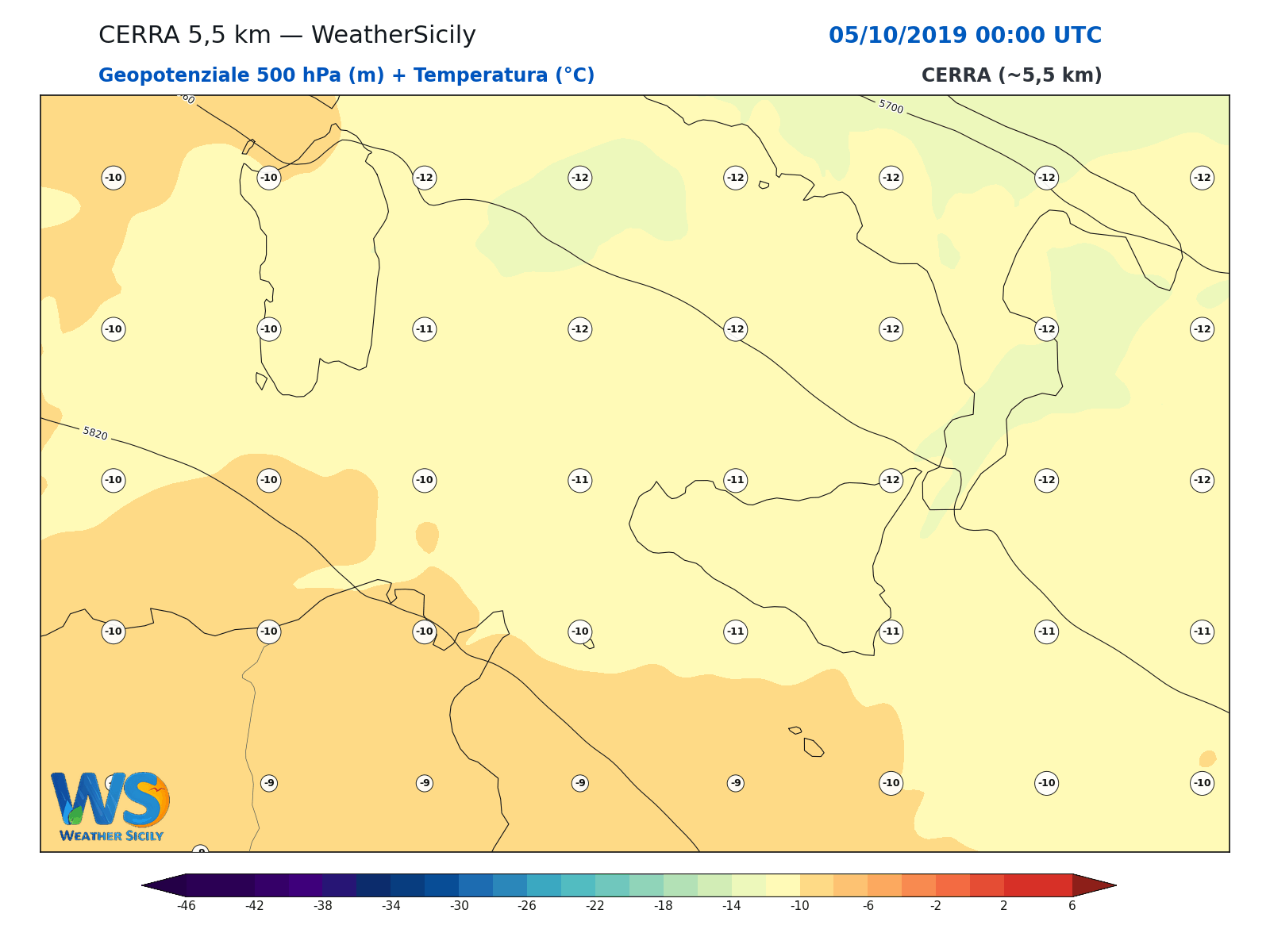 Geopotenziale 500 hPa + Temperatura · 2019100500