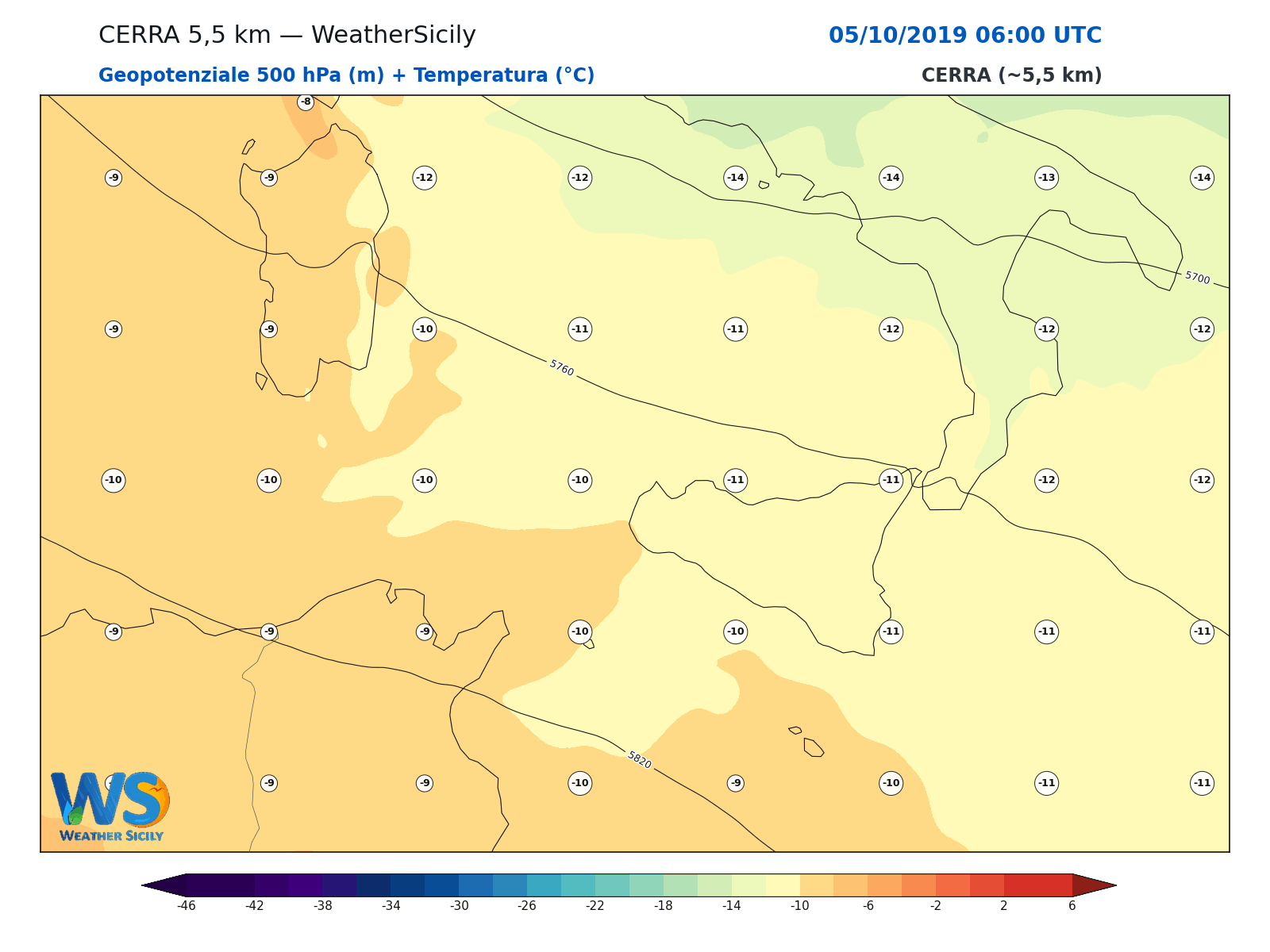 Geopotenziale 500 hPa + Temperatura · 2019100506