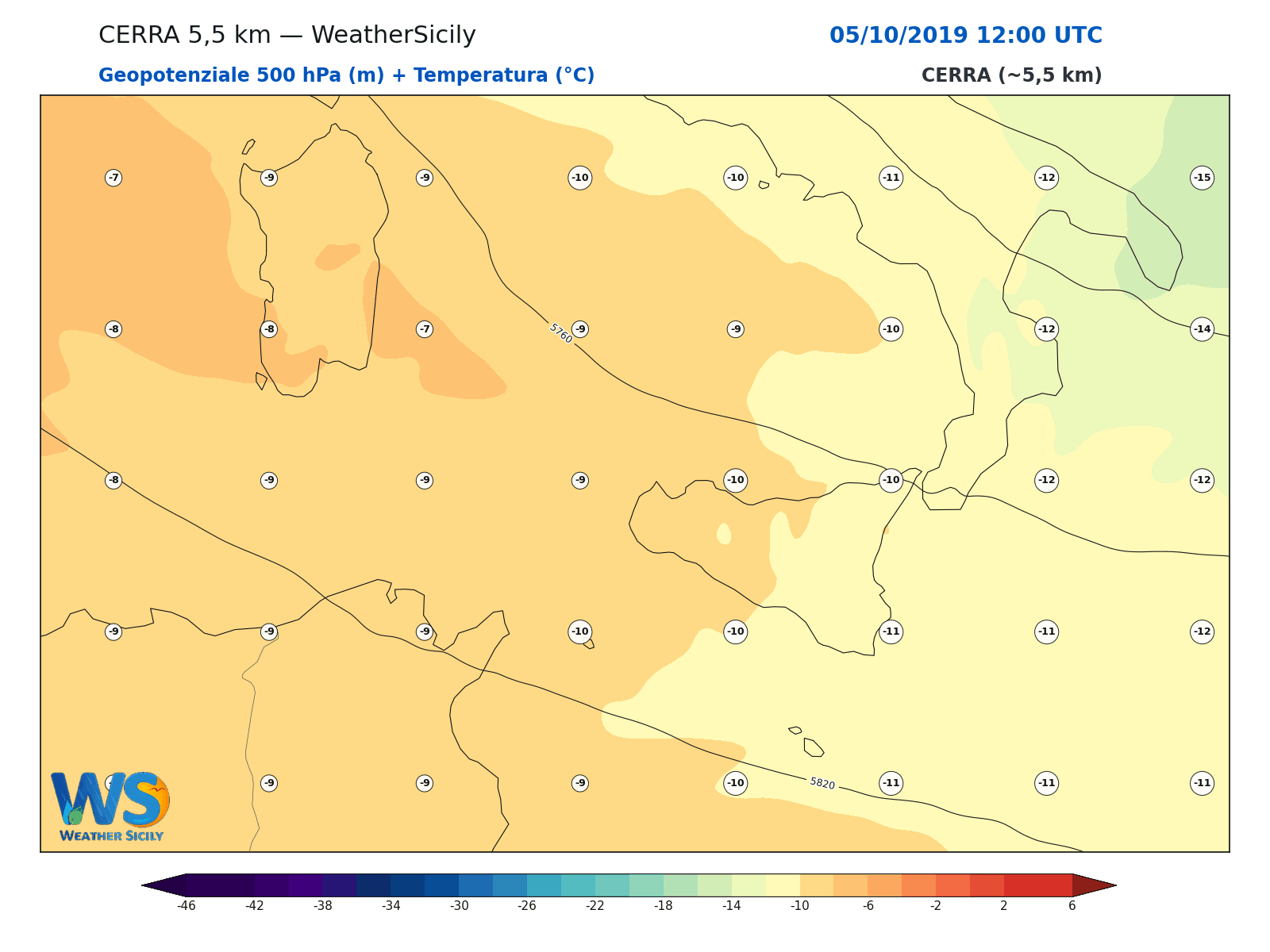 Geopotenziale 500 hPa + Temperatura · 2019100512