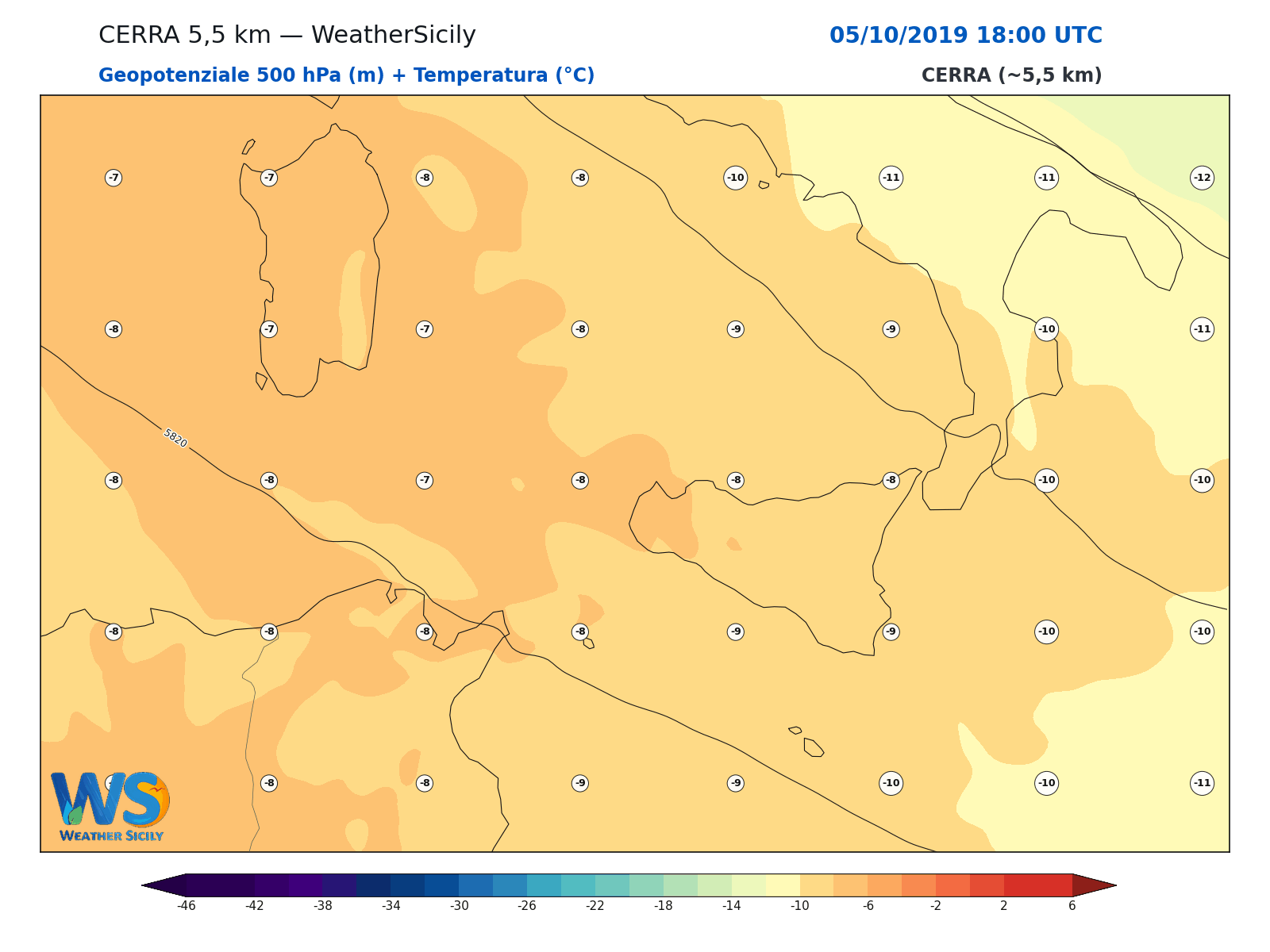 Geopotenziale 500 hPa + Temperatura · 2019100518