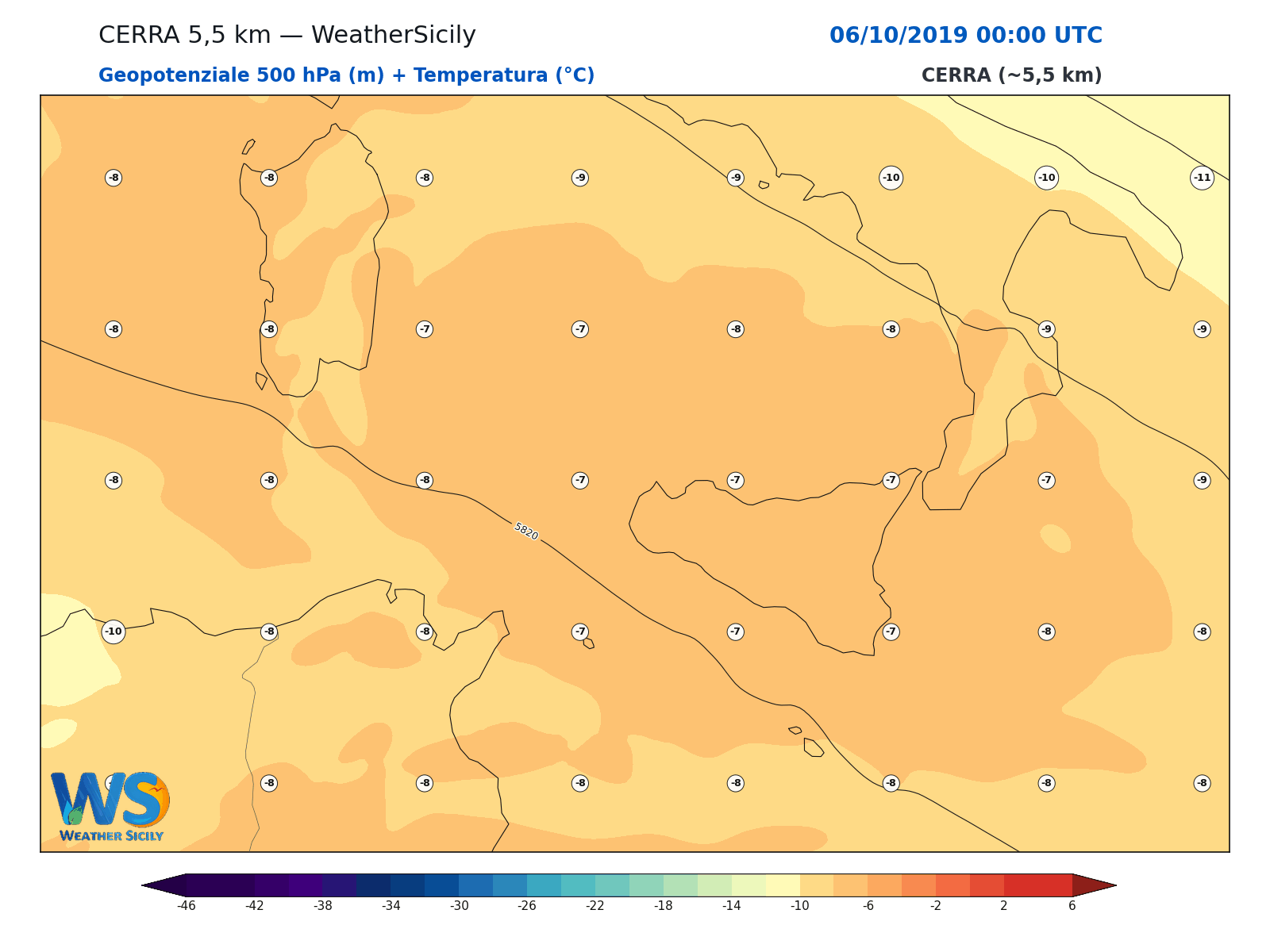 Geopotenziale 500 hPa + Temperatura · 2019100600