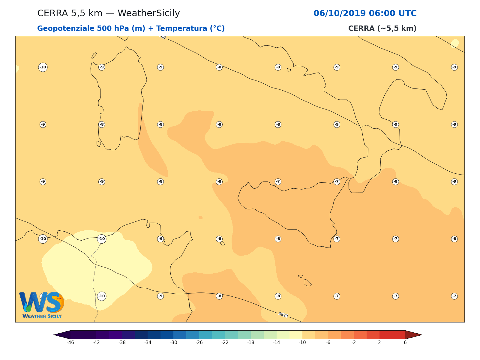 Geopotenziale 500 hPa + Temperatura · 2019100606