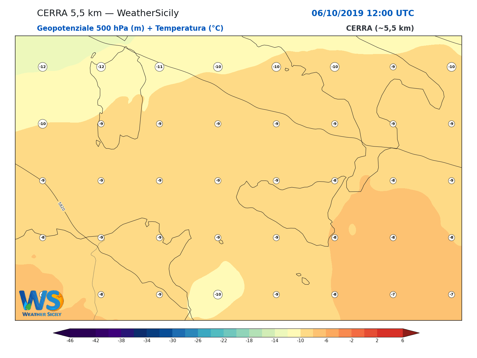 Geopotenziale 500 hPa + Temperatura · 2019100612