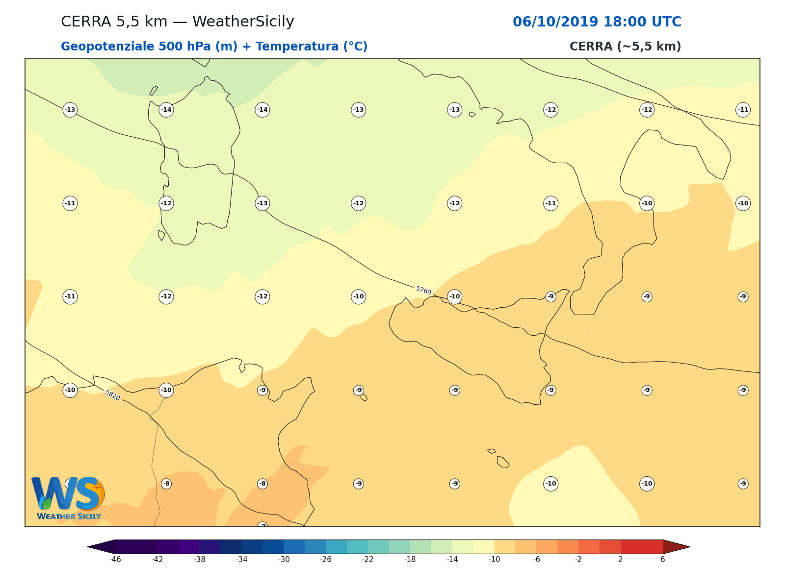 Geopotenziale 500 hPa + Temperatura · 2019100618