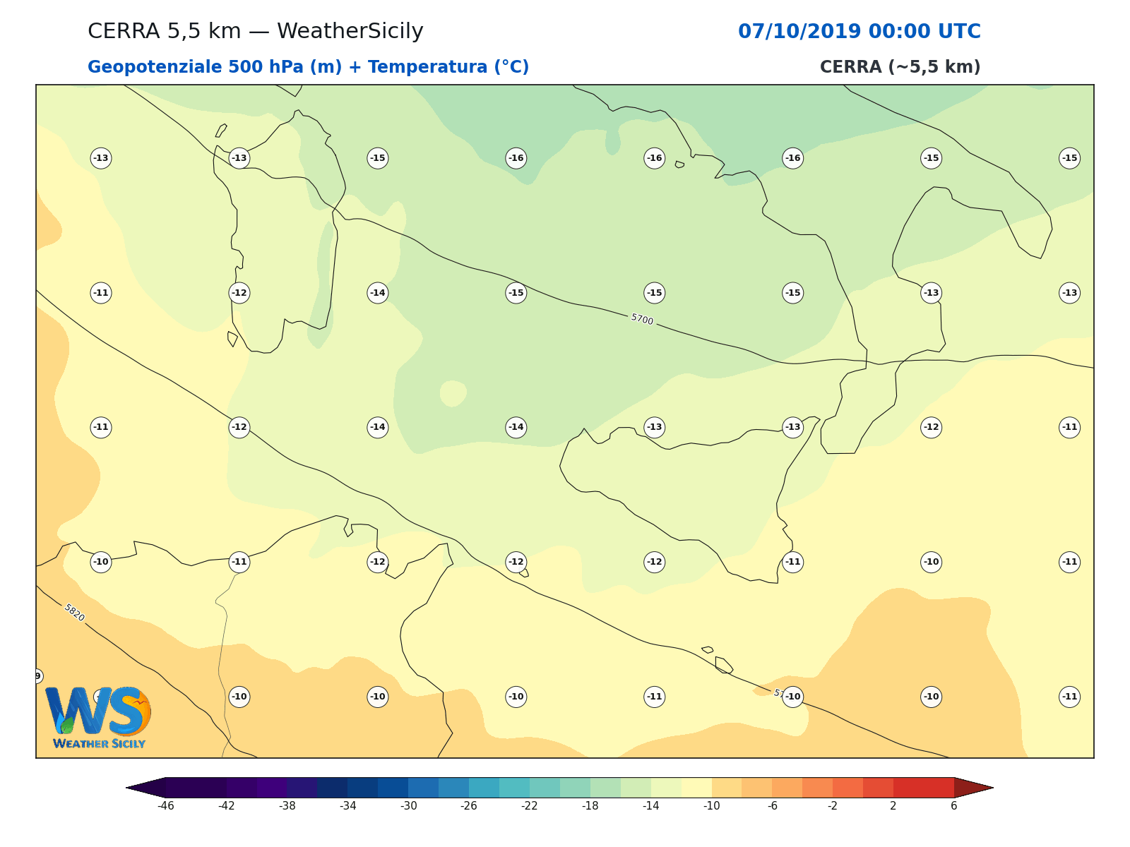 Geopotenziale 500 hPa + Temperatura · 2019100700