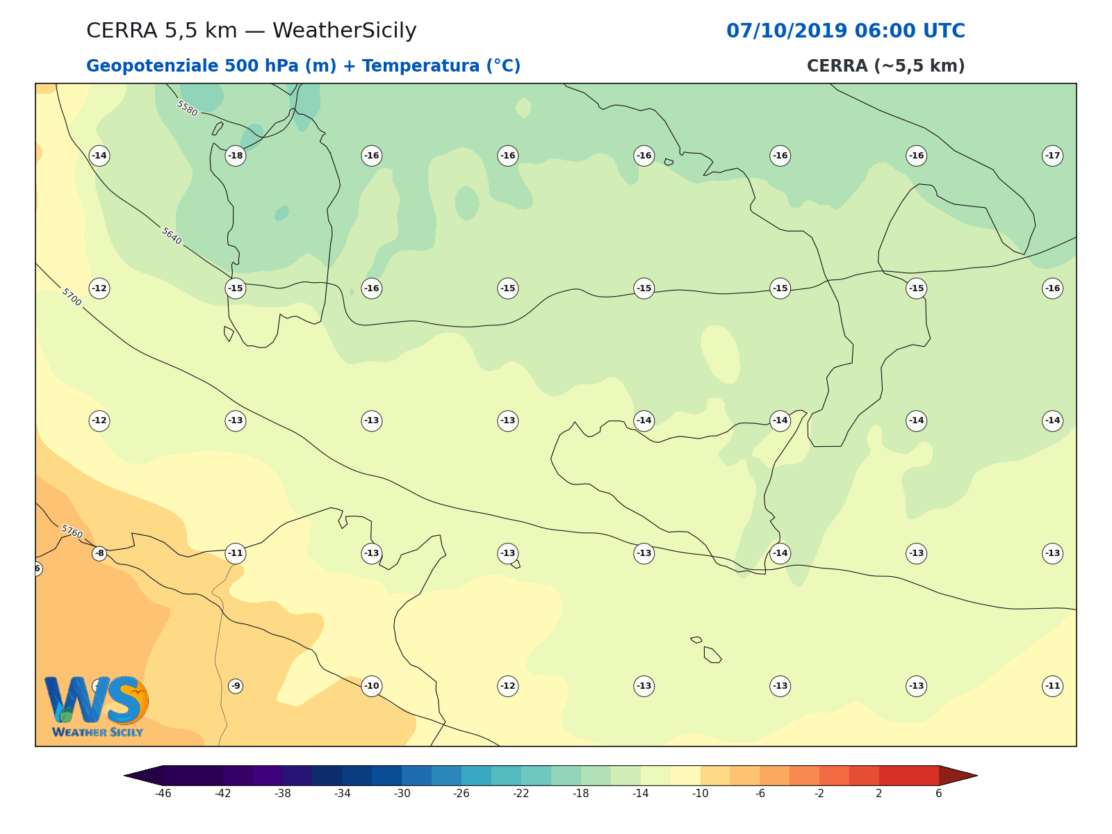Geopotenziale 500 hPa + Temperatura · 2019100706