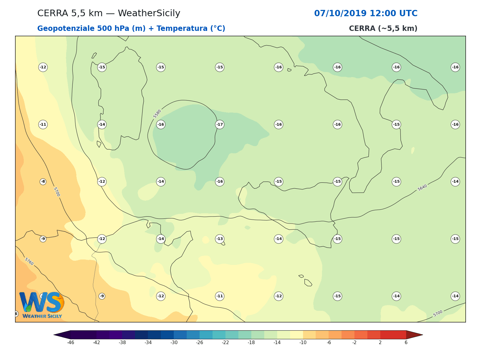 Geopotenziale 500 hPa + Temperatura · 2019100712