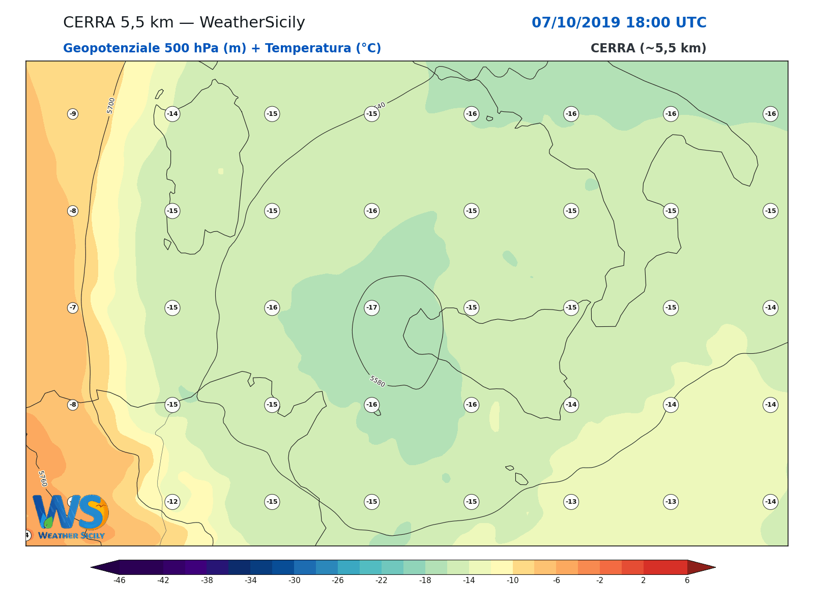 Geopotenziale 500 hPa + Temperatura · 2019100718