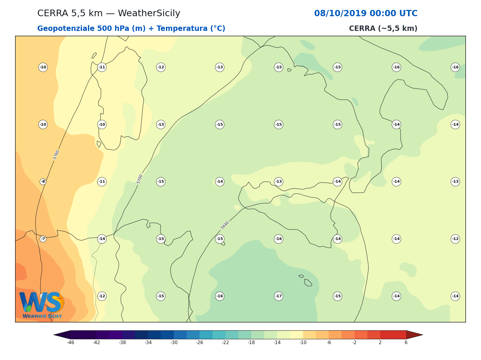 Geopotenziale 500 hPa + Temperatura · 2019100800