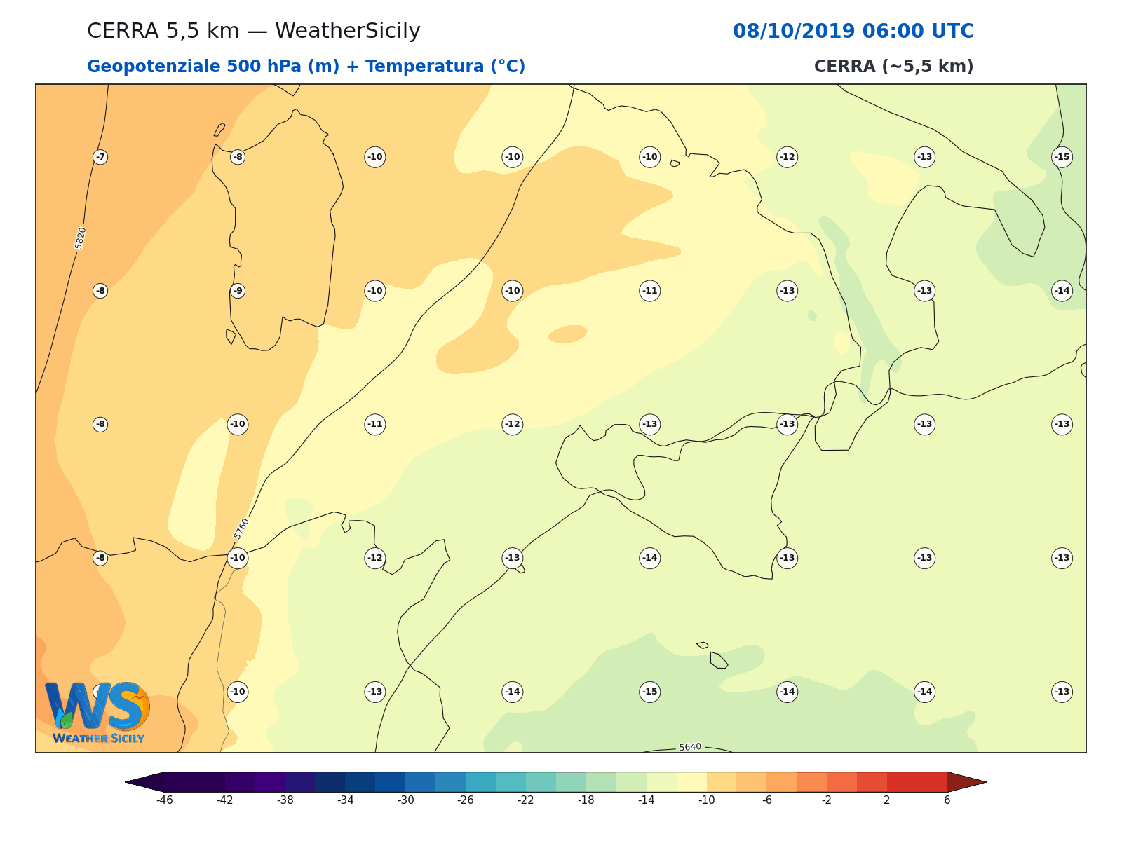 Geopotenziale 500 hPa + Temperatura · 2019100806
