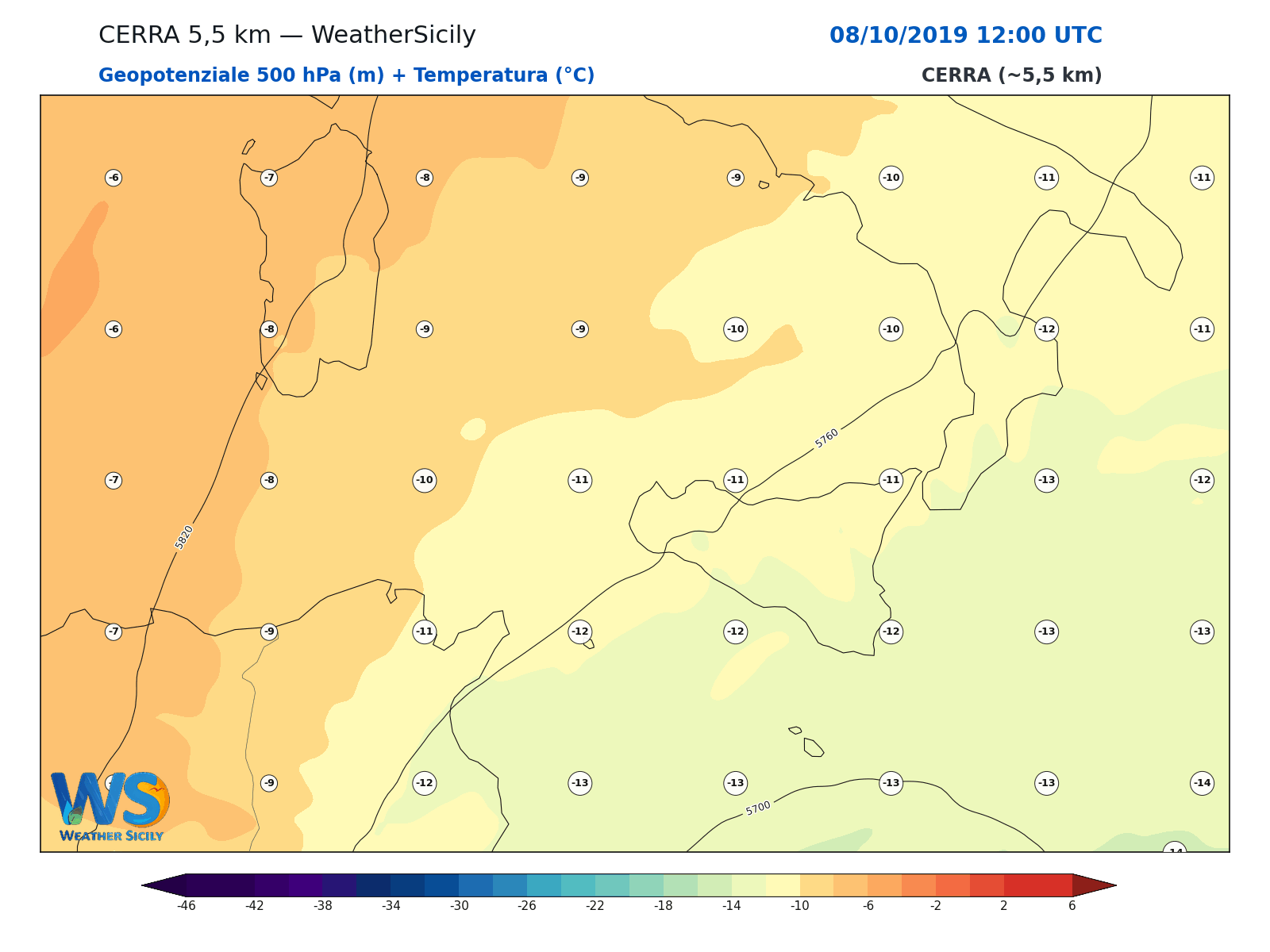 Geopotenziale 500 hPa + Temperatura · 2019100812
