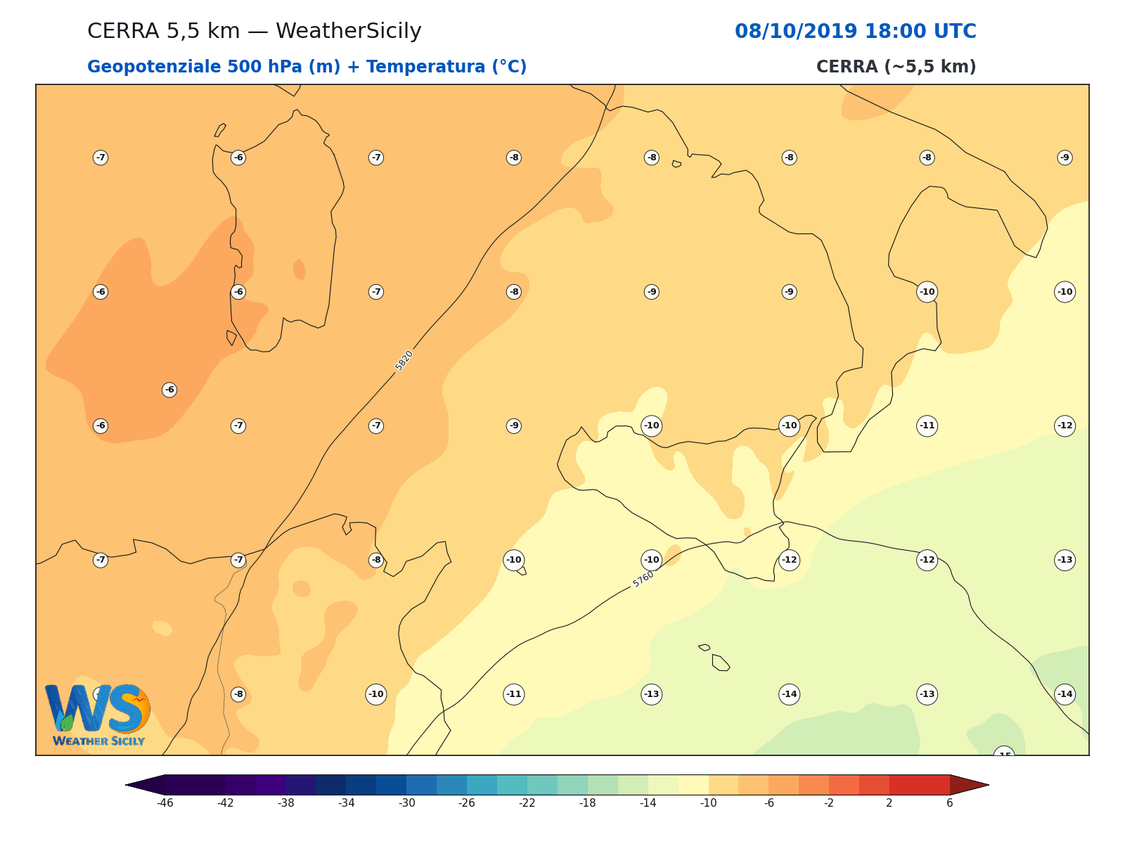 Geopotenziale 500 hPa + Temperatura · 2019100818