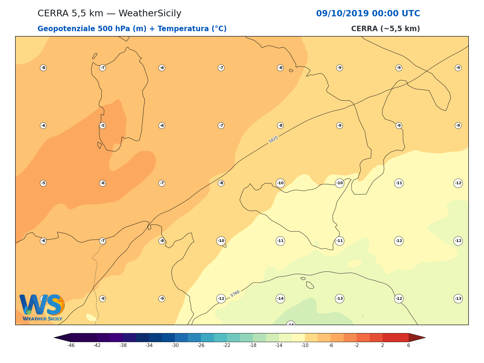 Geopotenziale 500 hPa + Temperatura · 2019100900