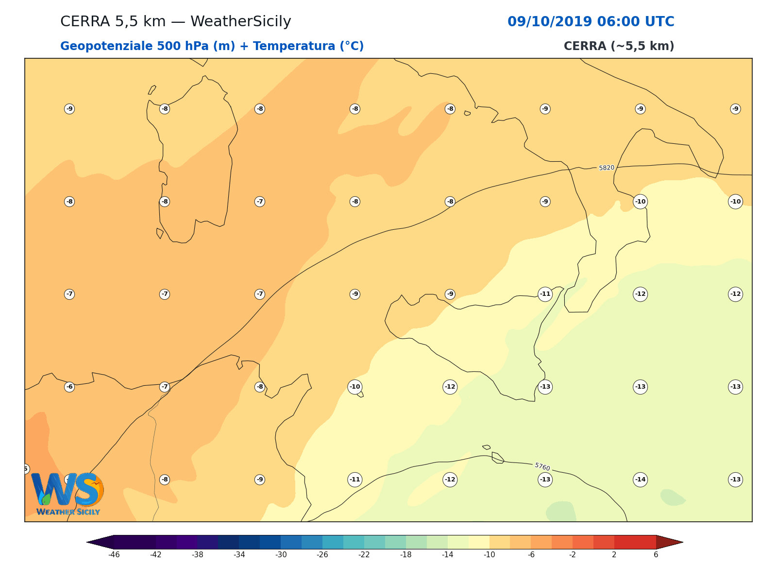Geopotenziale 500 hPa + Temperatura · 2019100906
