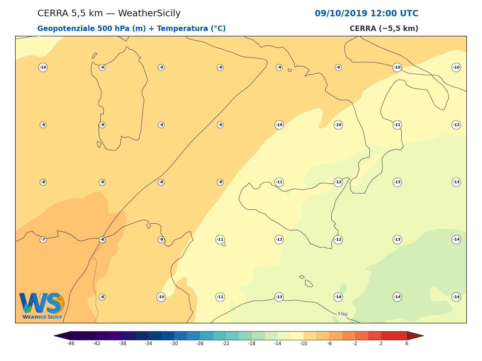 Geopotenziale 500 hPa + Temperatura · 2019100912