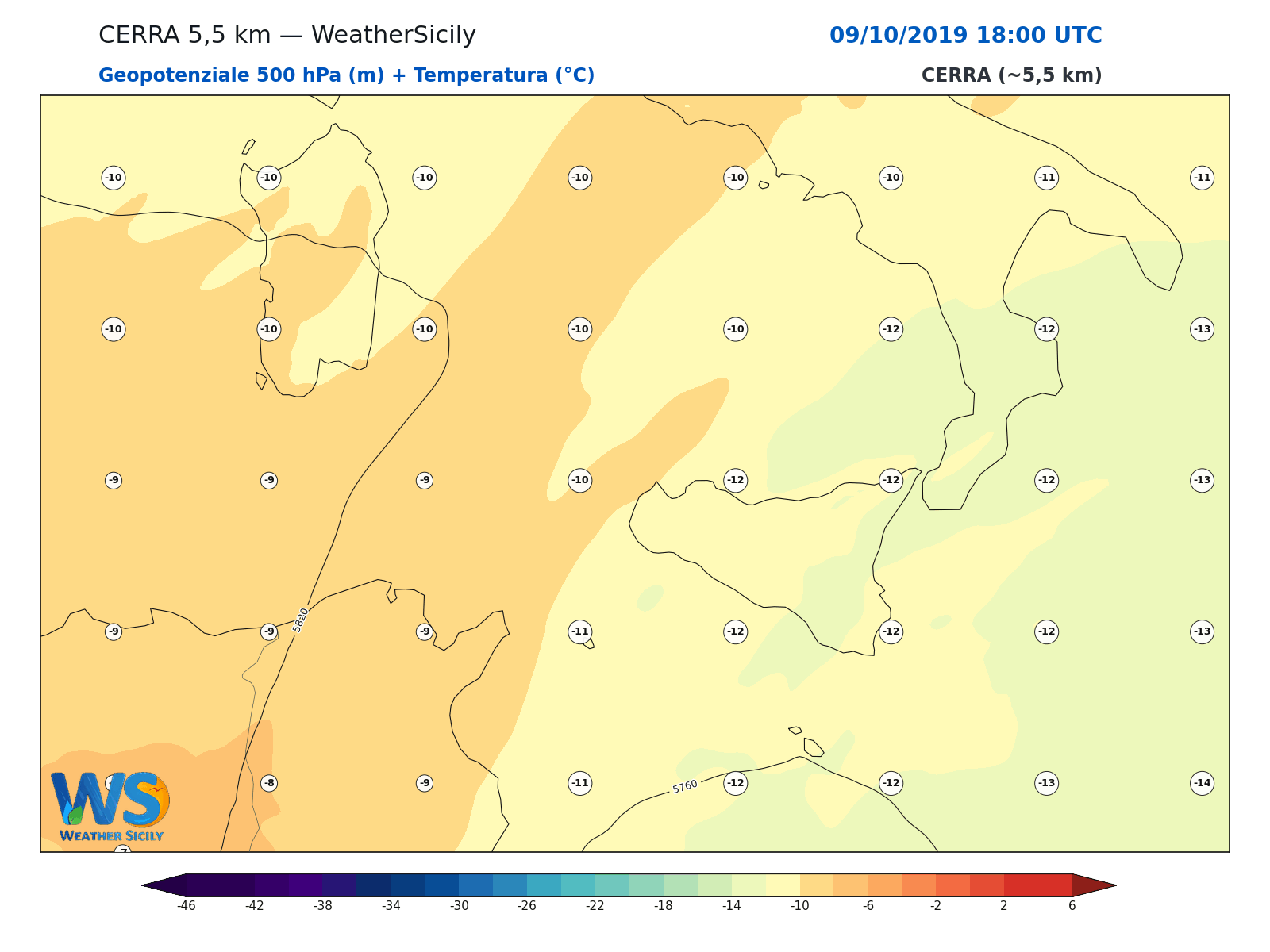 Geopotenziale 500 hPa + Temperatura · 2019100918