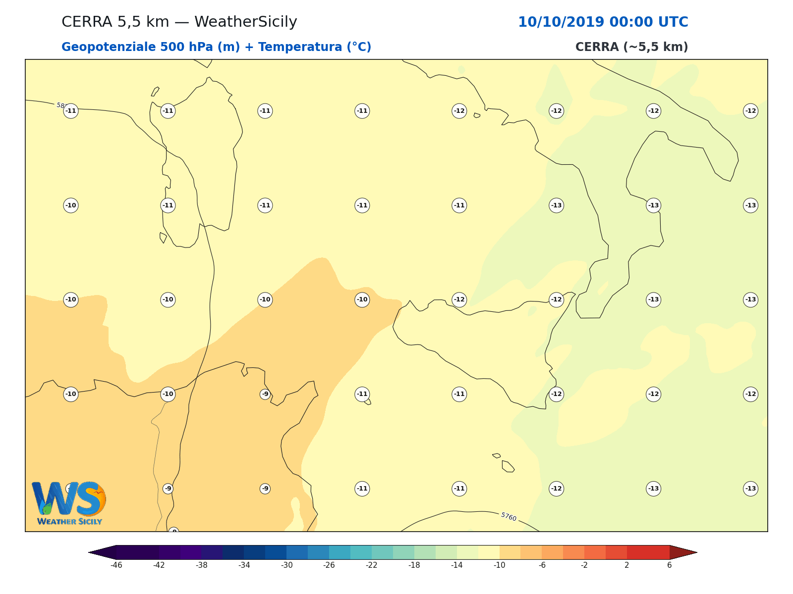 Geopotenziale 500 hPa + Temperatura · 2019101000