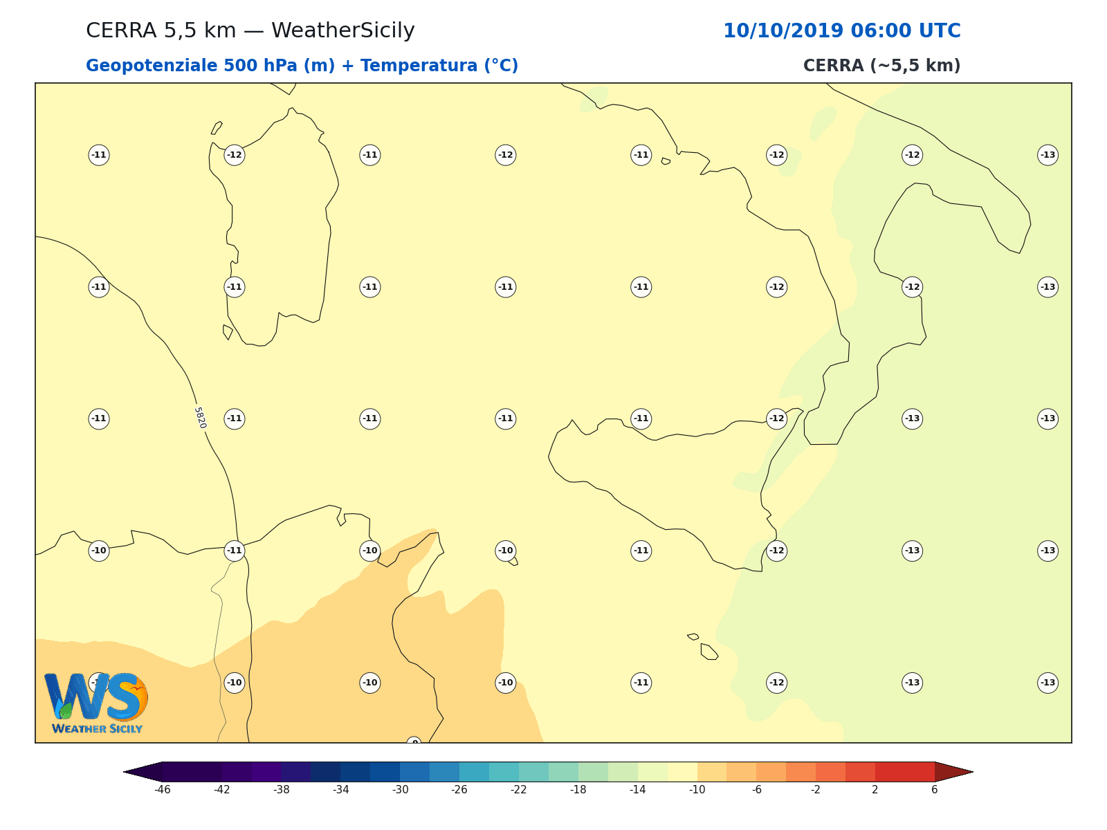 Geopotenziale 500 hPa + Temperatura · 2019101006