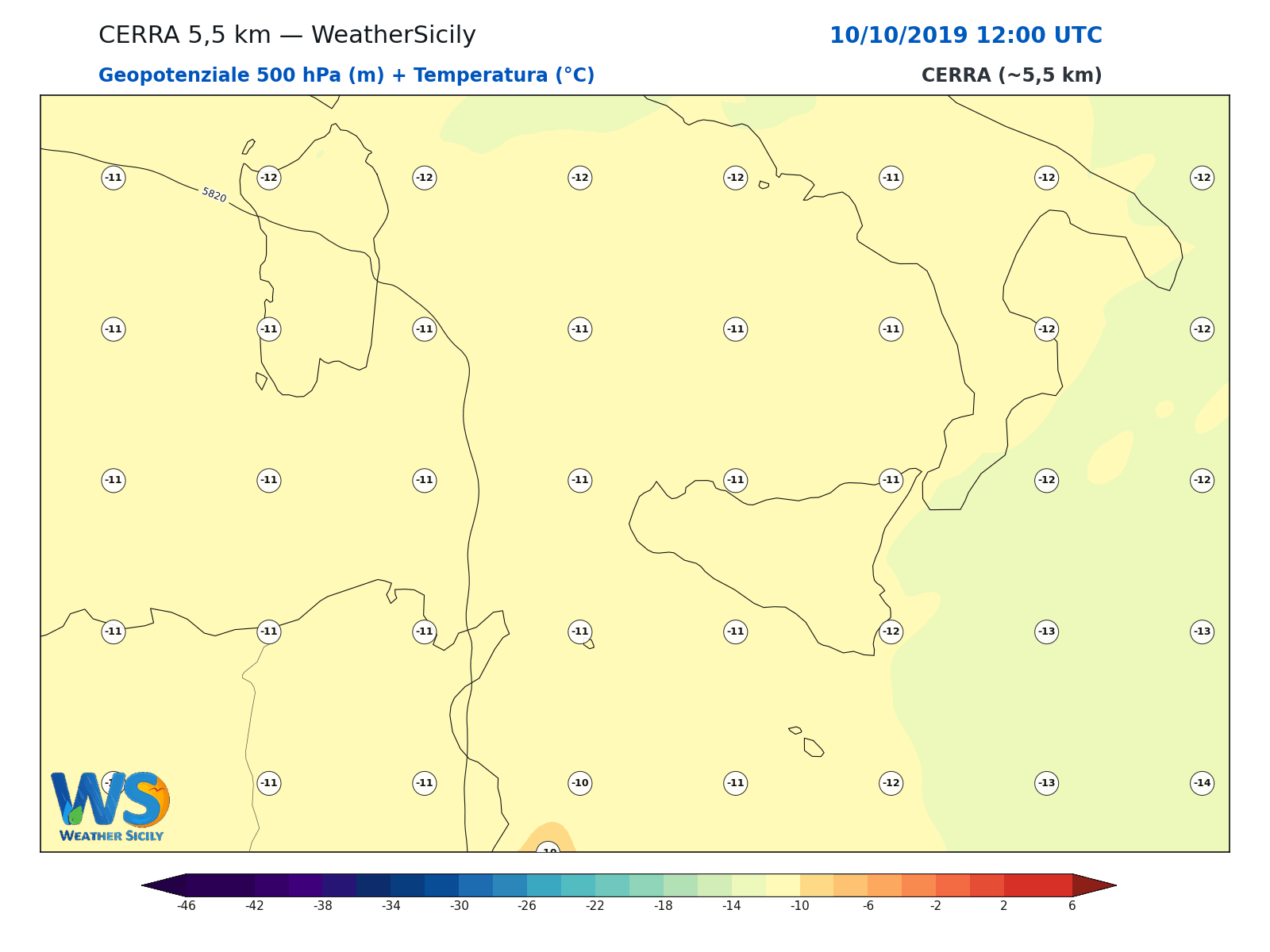 Geopotenziale 500 hPa + Temperatura · 2019101012