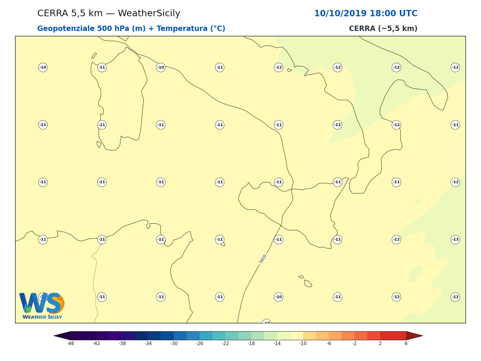 Geopotenziale 500 hPa + Temperatura · 2019101018
