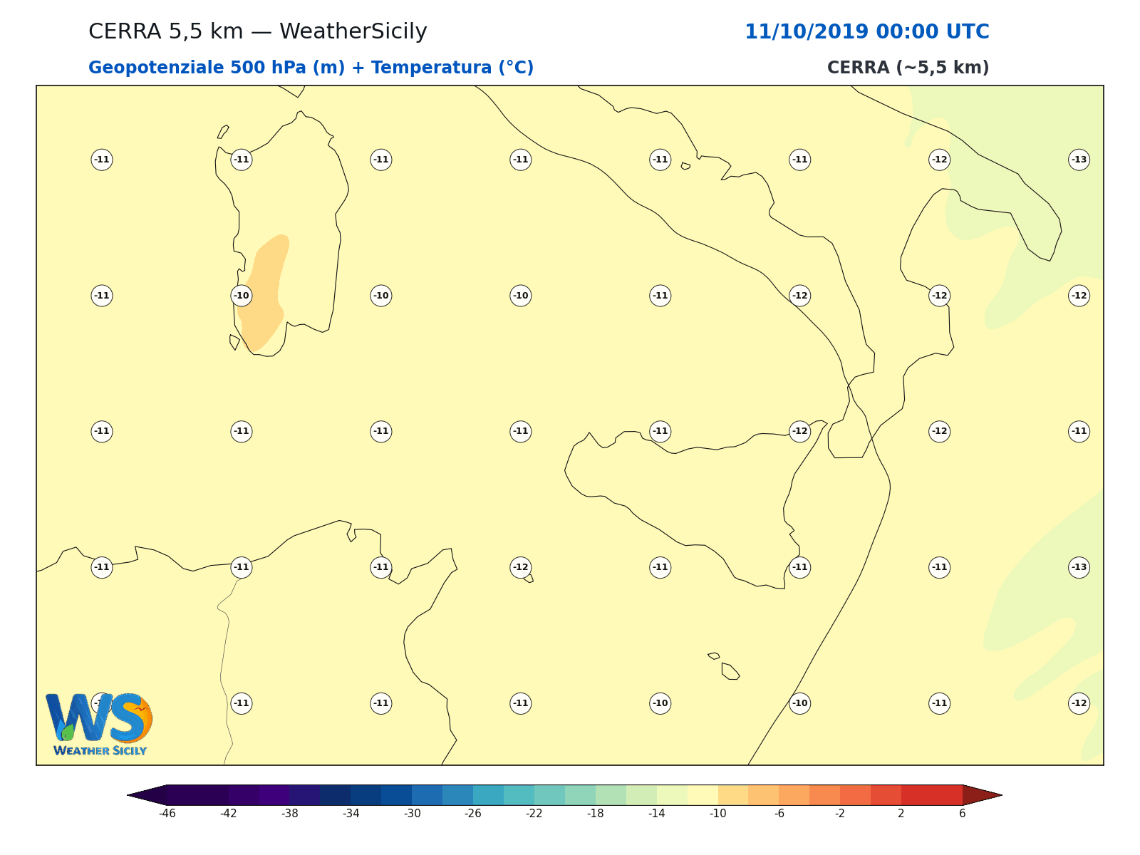 Geopotenziale 500 hPa + Temperatura · 2019101100