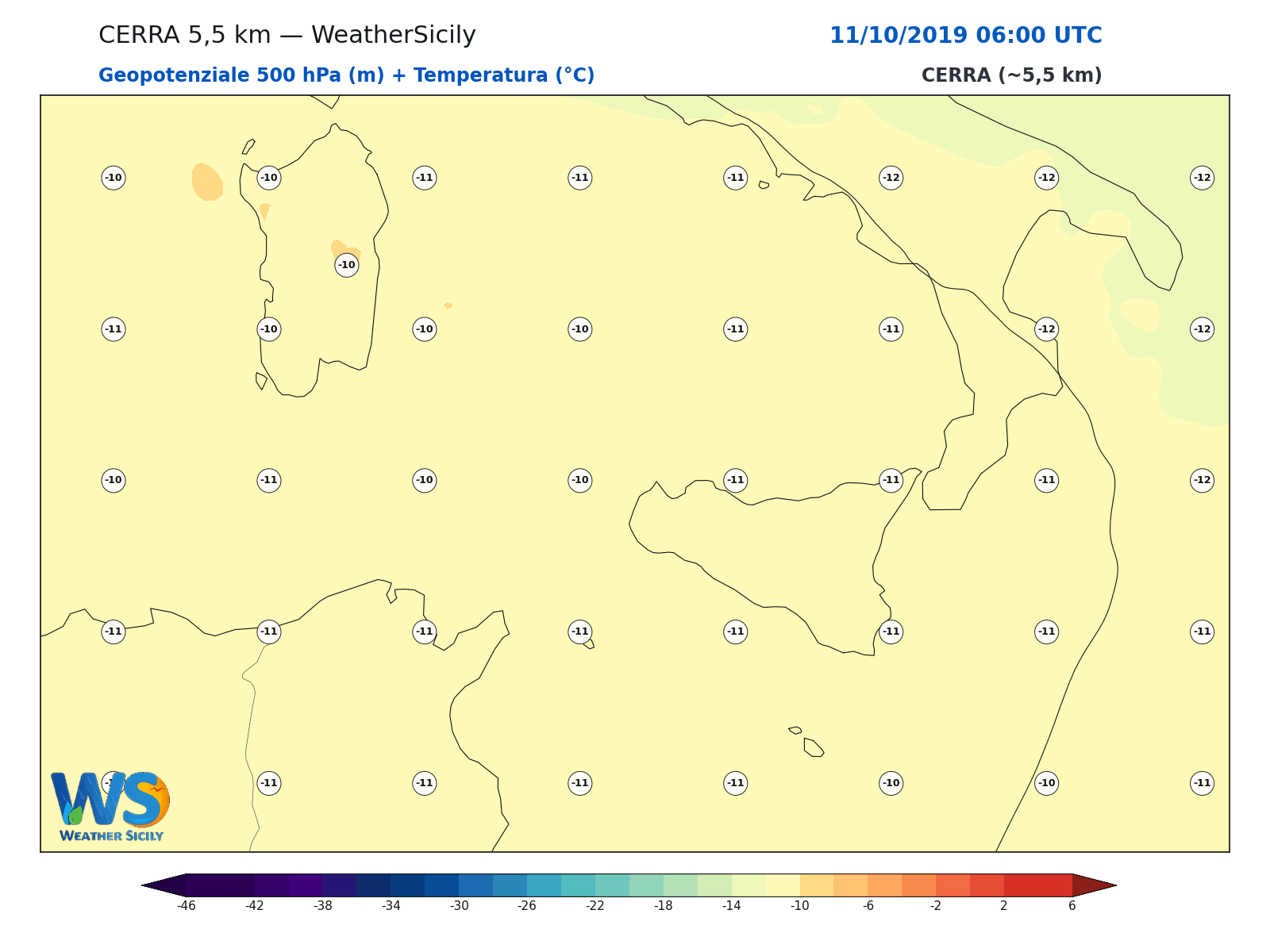 Geopotenziale 500 hPa + Temperatura · 2019101106