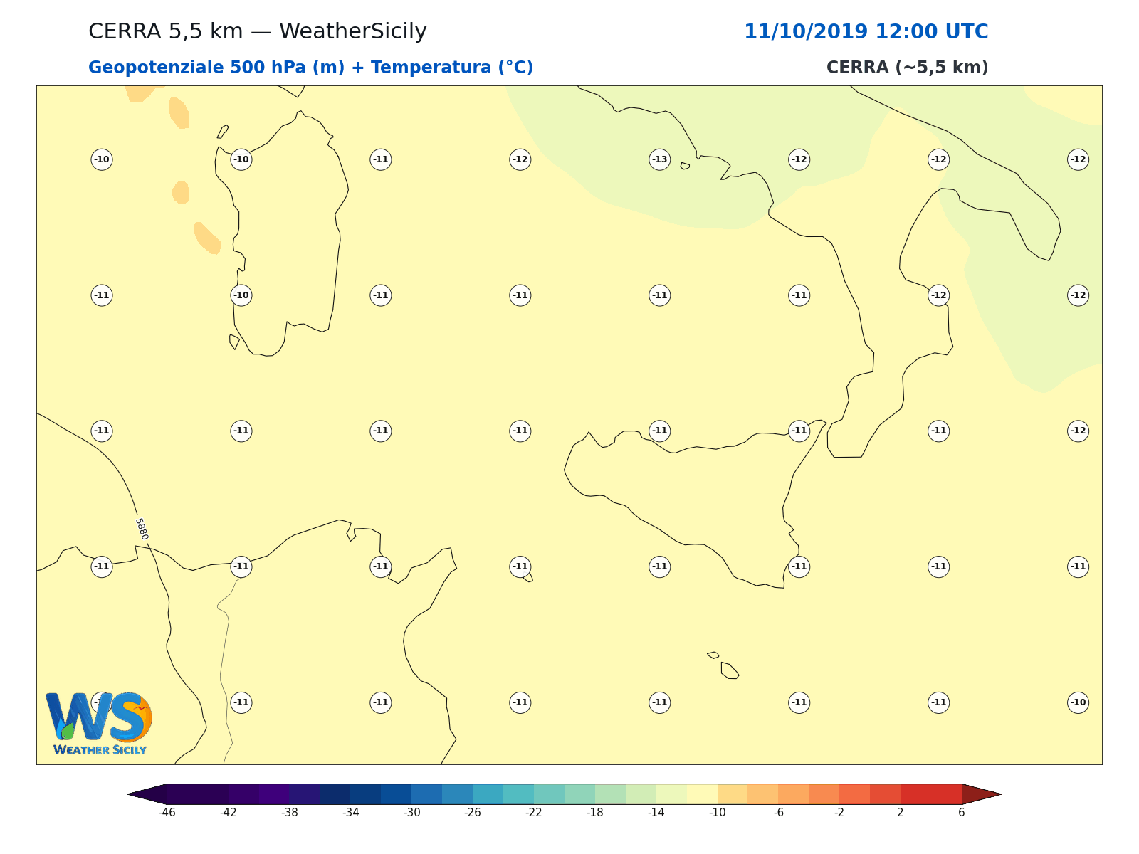Geopotenziale 500 hPa + Temperatura · 2019101112