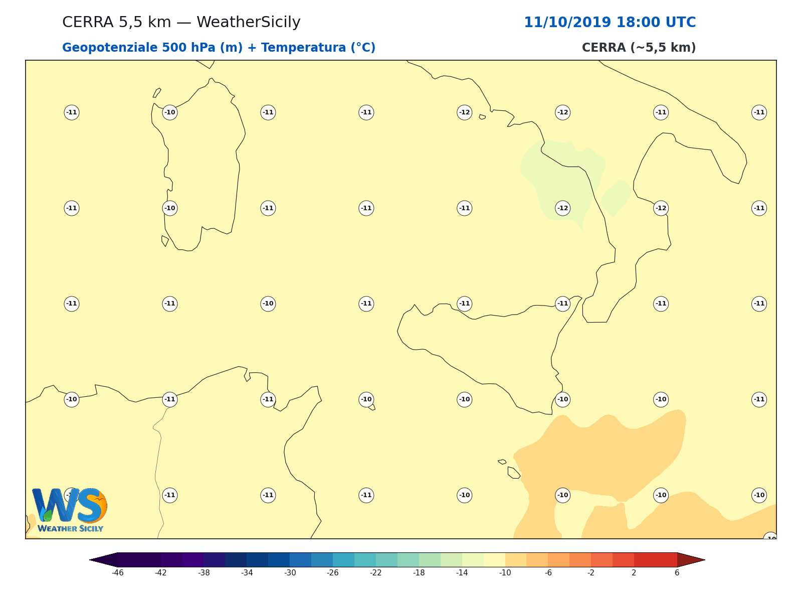 Geopotenziale 500 hPa + Temperatura · 2019101118