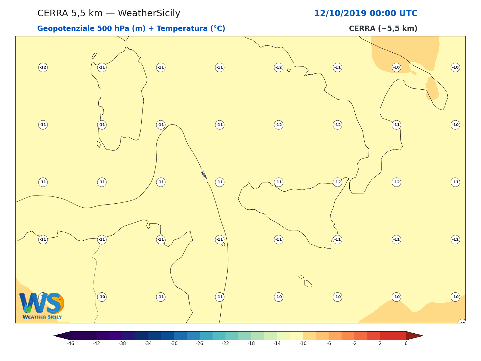 Geopotenziale 500 hPa + Temperatura · 2019101200