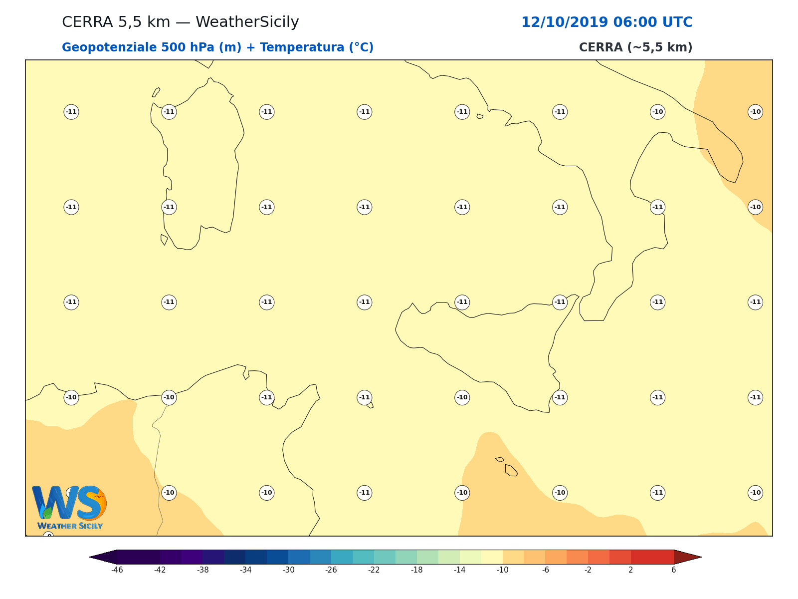 Geopotenziale 500 hPa + Temperatura · 2019101206