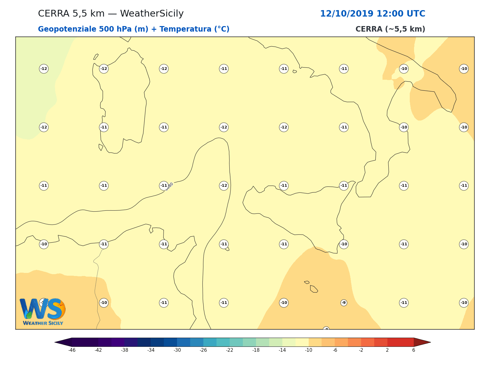 Geopotenziale 500 hPa + Temperatura · 2019101212