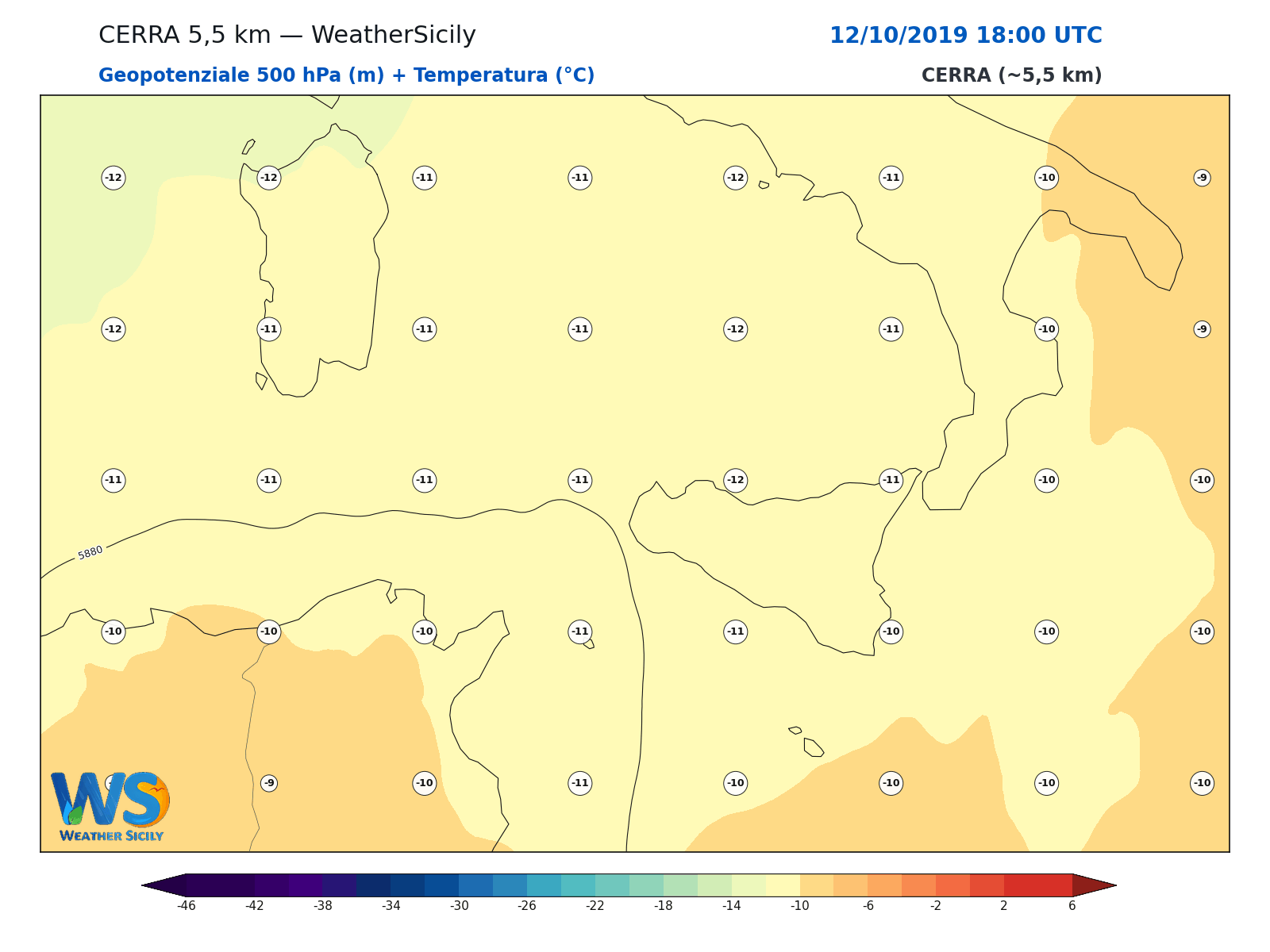 Geopotenziale 500 hPa + Temperatura · 2019101218