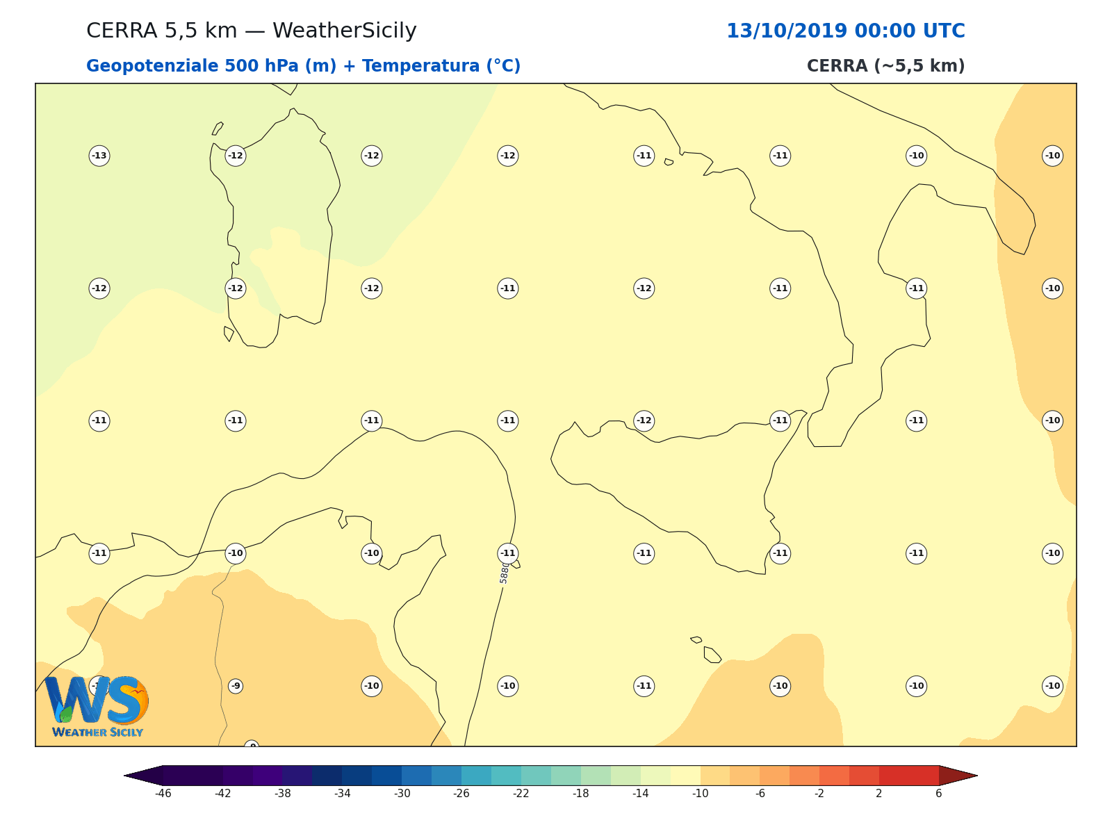 Geopotenziale 500 hPa + Temperatura · 2019101300