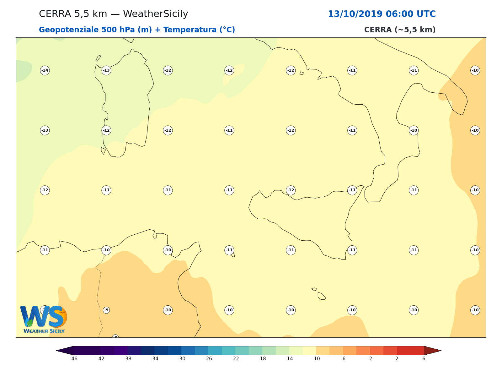 Geopotenziale 500 hPa + Temperatura · 2019101306