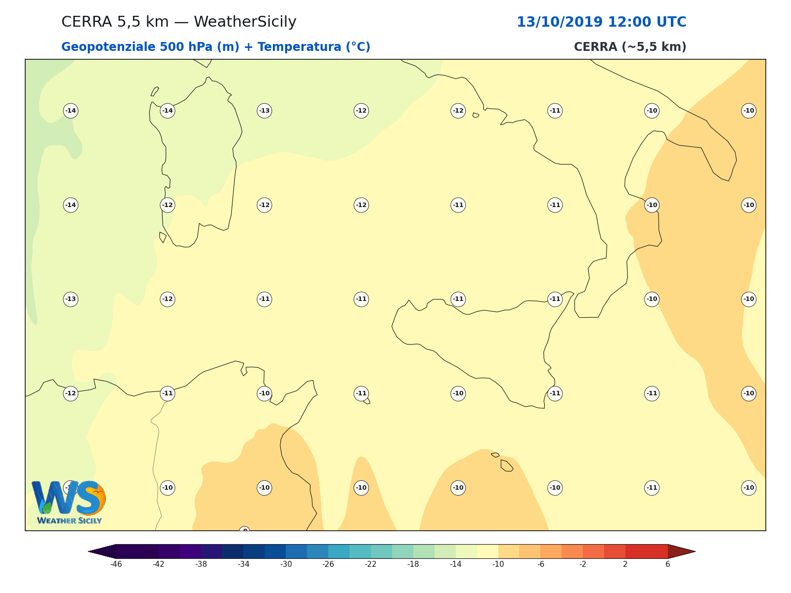 Geopotenziale 500 hPa + Temperatura · 2019101312