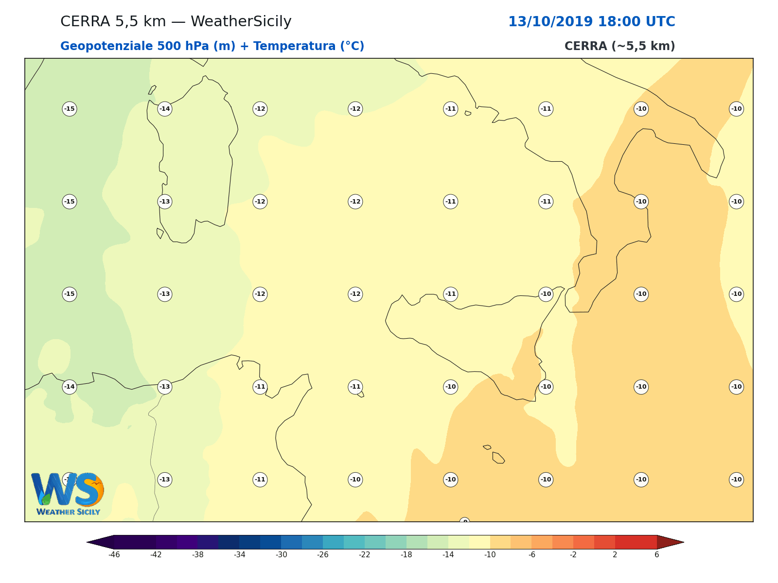 Geopotenziale 500 hPa + Temperatura · 2019101318