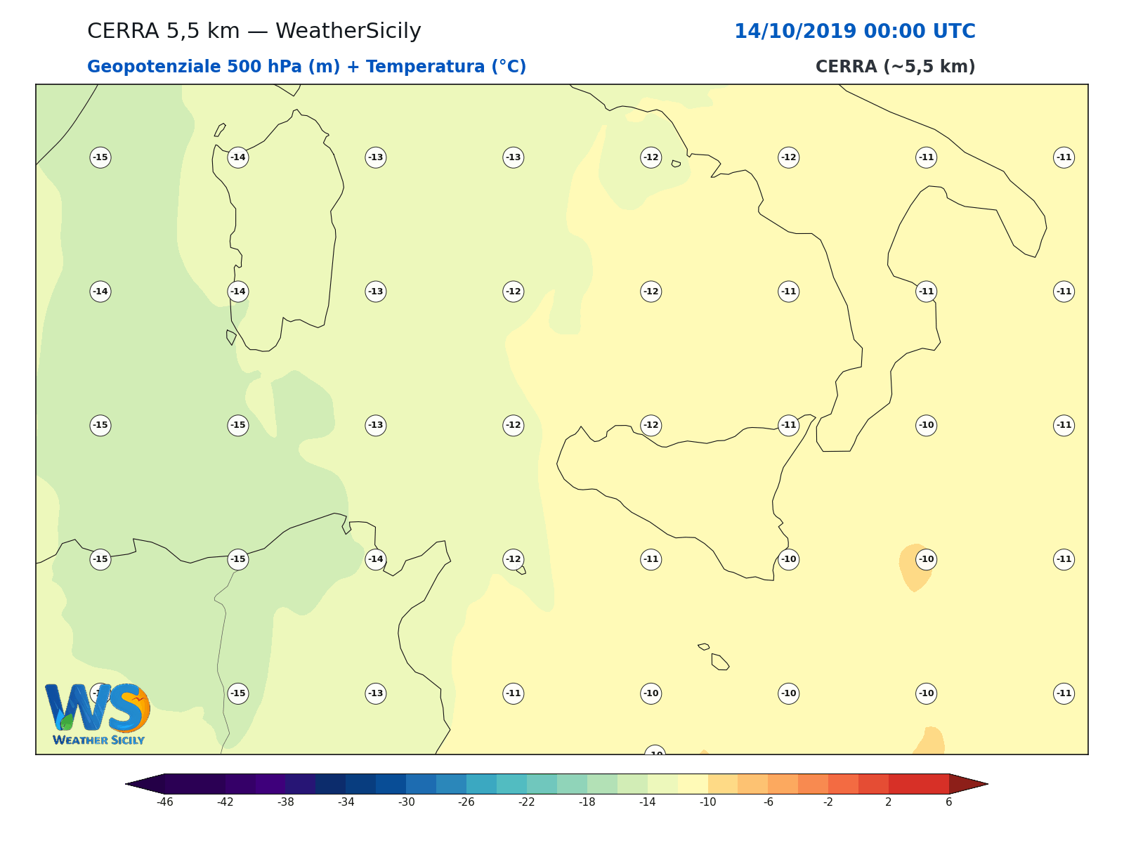 Geopotenziale 500 hPa + Temperatura · 2019101400