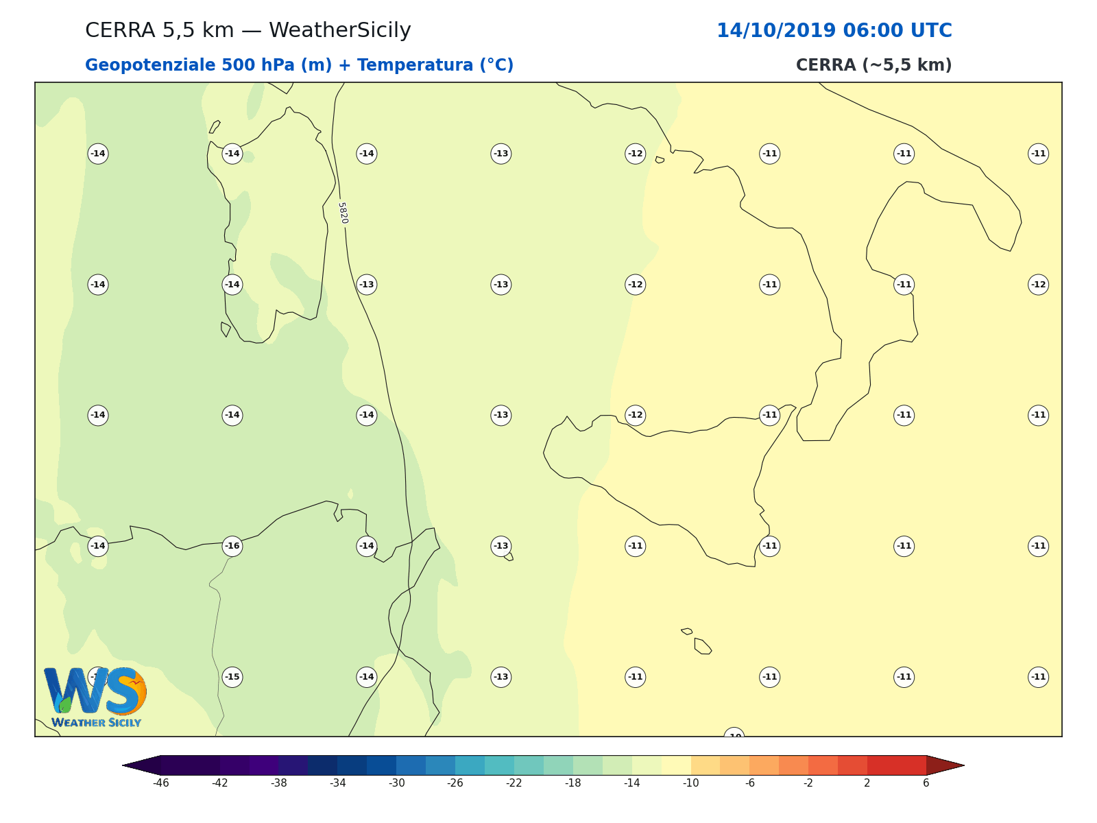 Geopotenziale 500 hPa + Temperatura · 2019101406