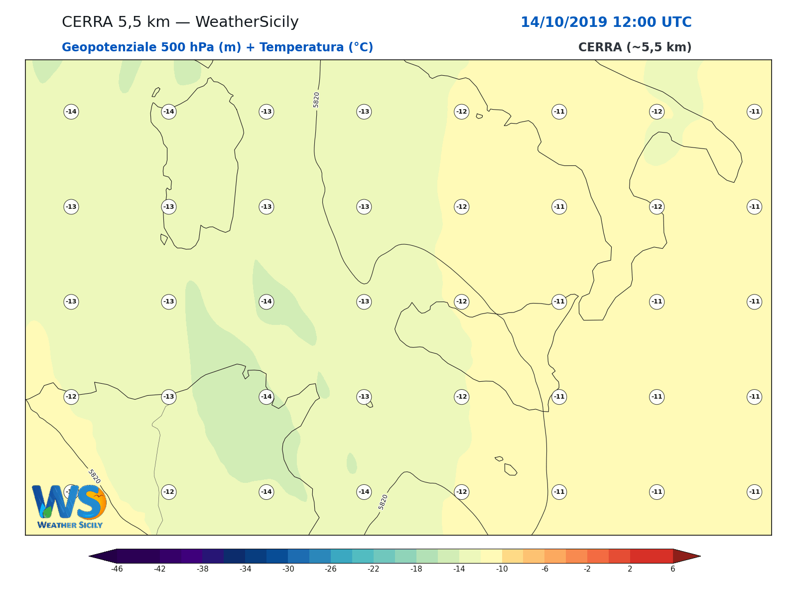 Geopotenziale 500 hPa + Temperatura · 2019101412