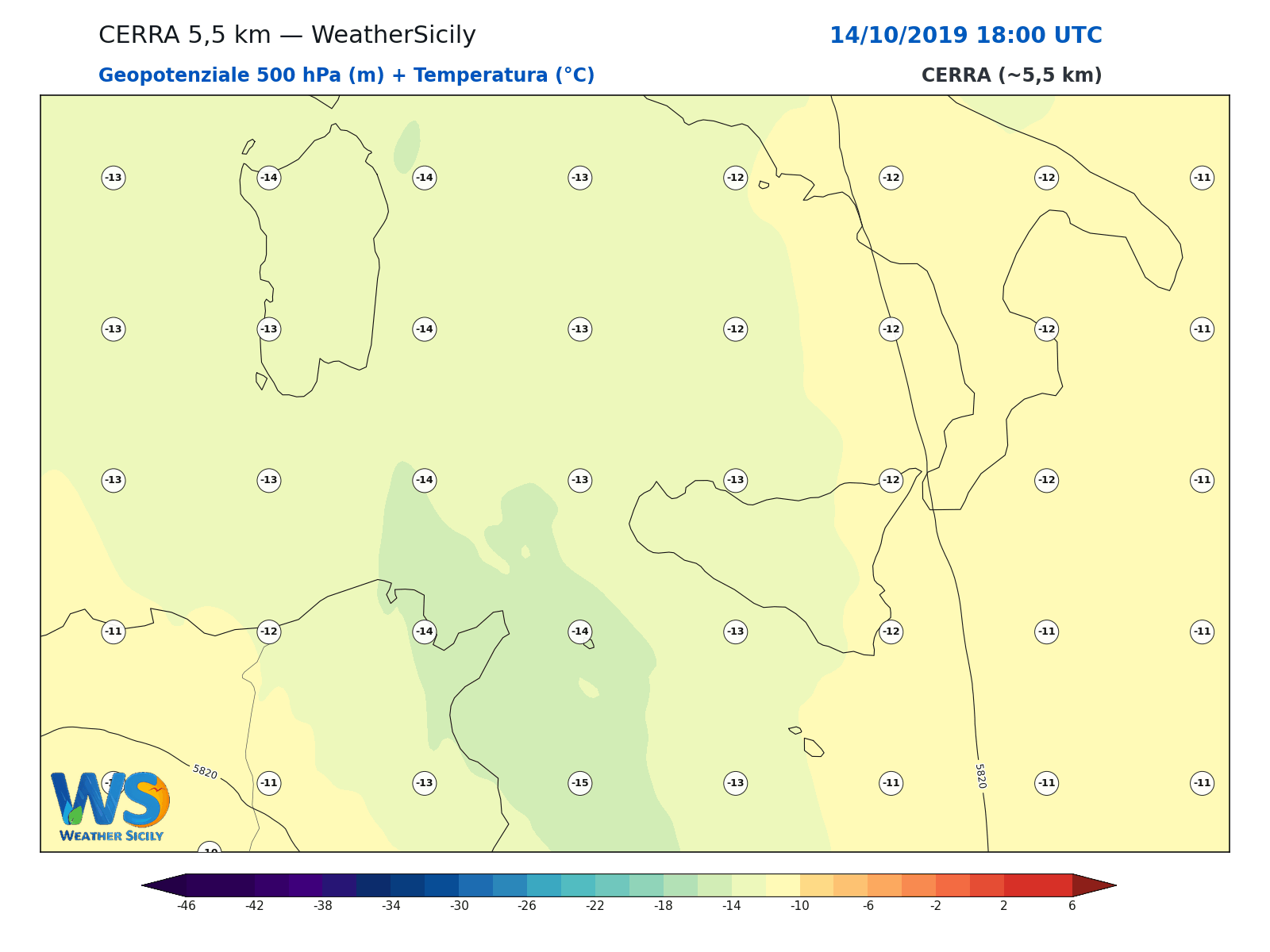Geopotenziale 500 hPa + Temperatura · 2019101418