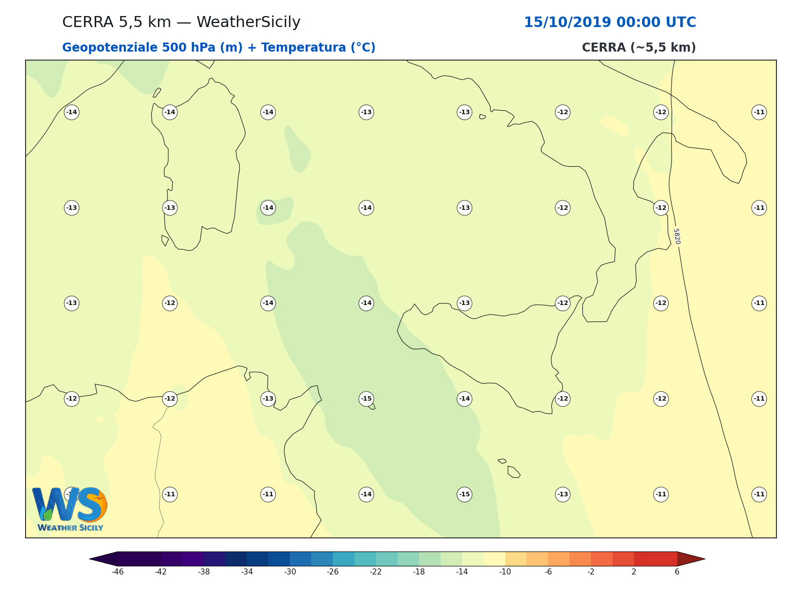 Geopotenziale 500 hPa + Temperatura · 2019101500