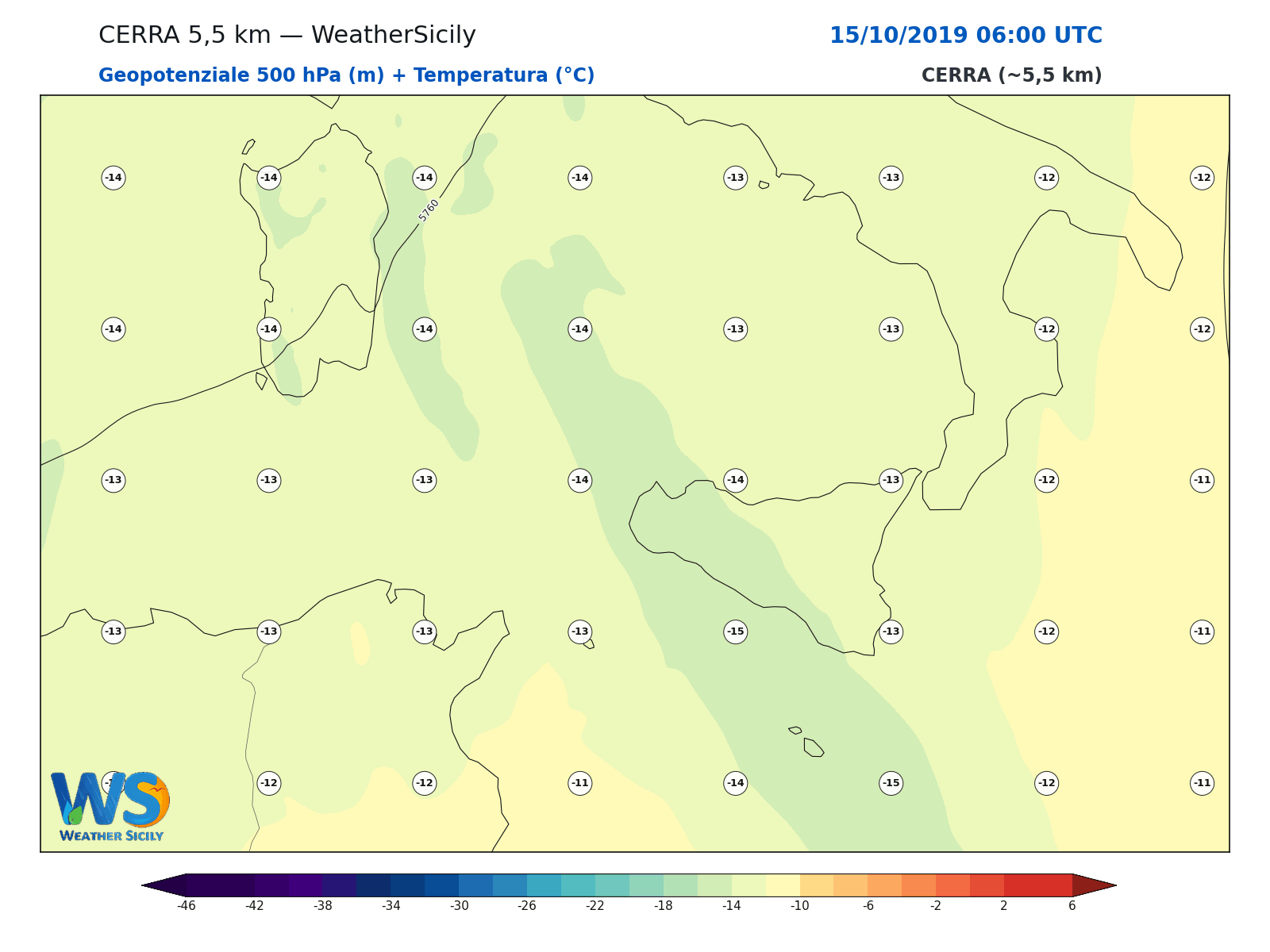 Geopotenziale 500 hPa + Temperatura · 2019101506