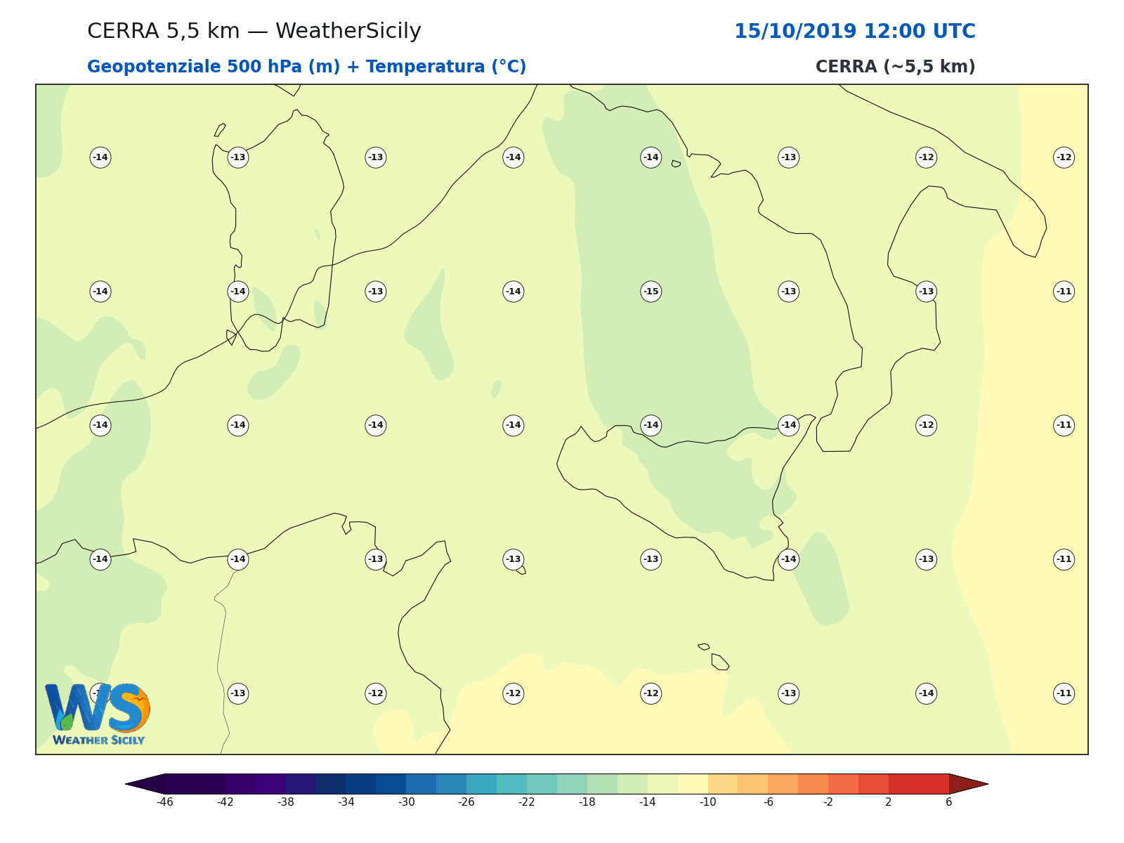Geopotenziale 500 hPa + Temperatura · 2019101512