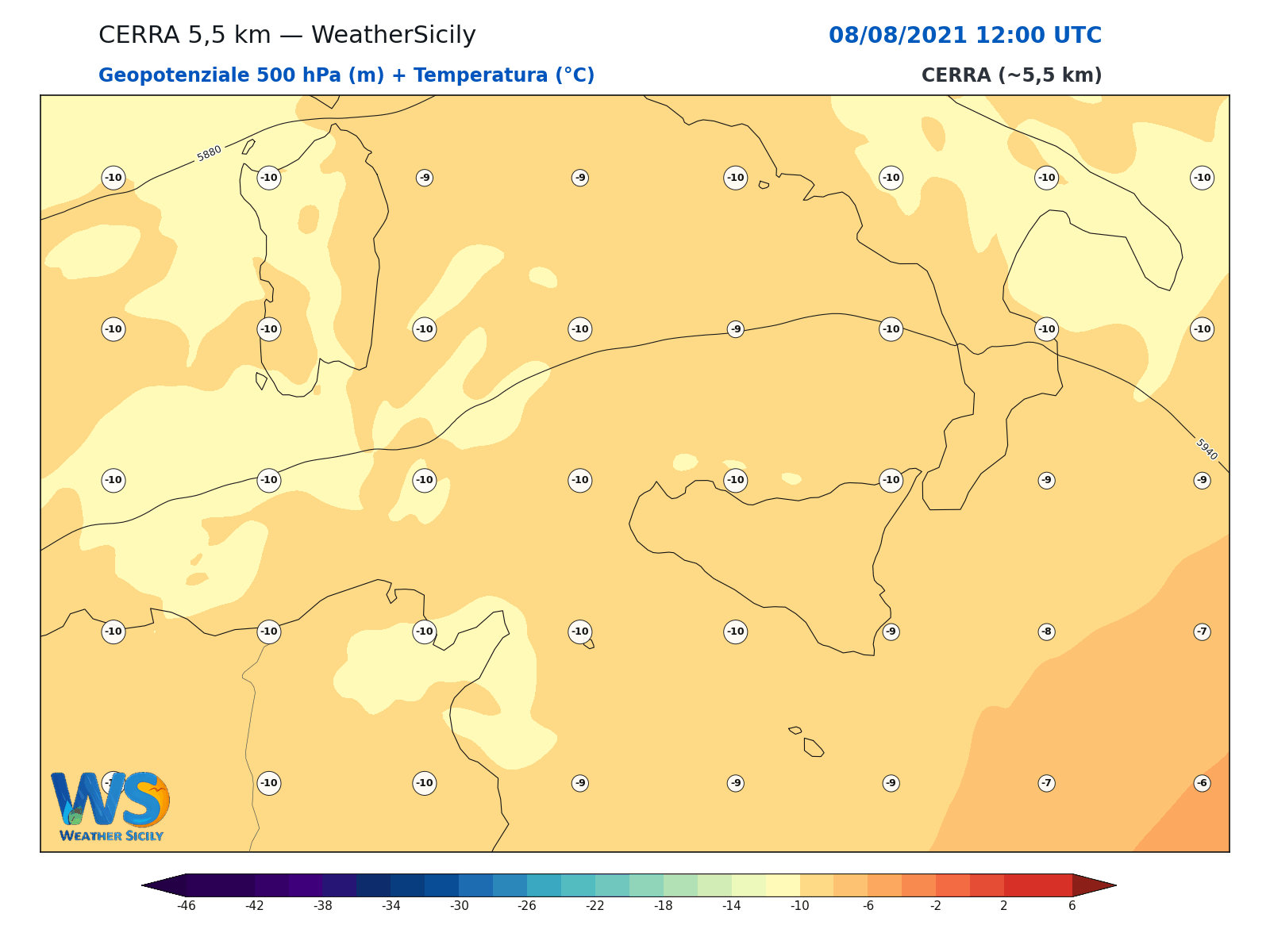 Geopotenziale 500 hPa + Temperatura · 2021080812