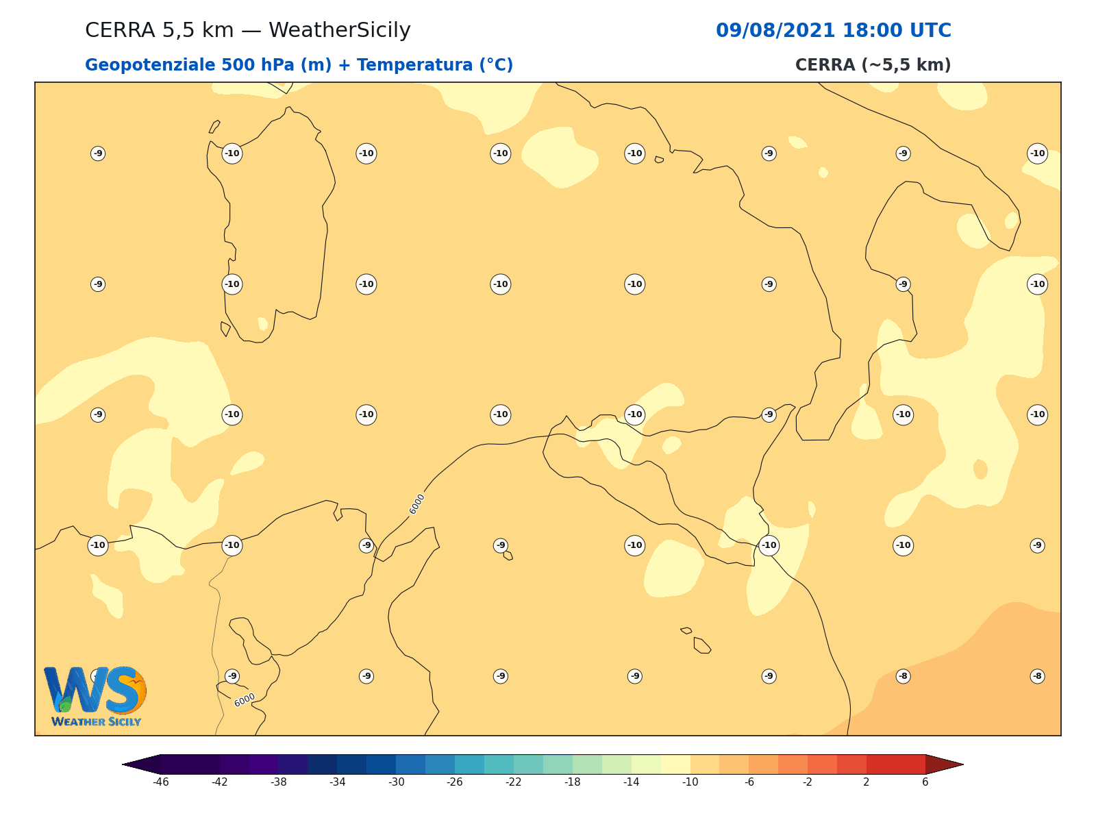 Geopotenziale 500 hPa + Temperatura · 2021080918