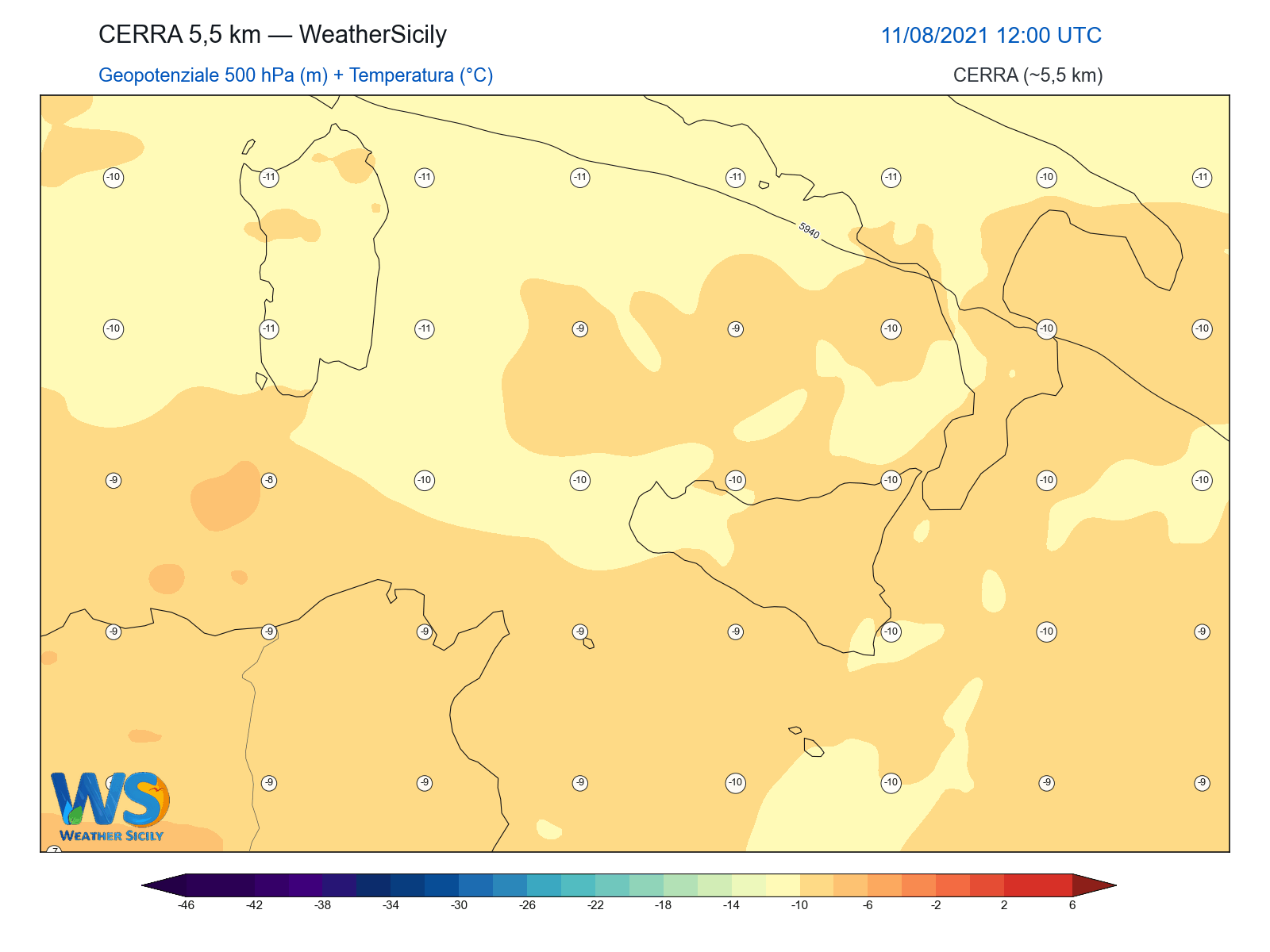 Geopotenziale 500 hPa + Temperatura · 2021081112