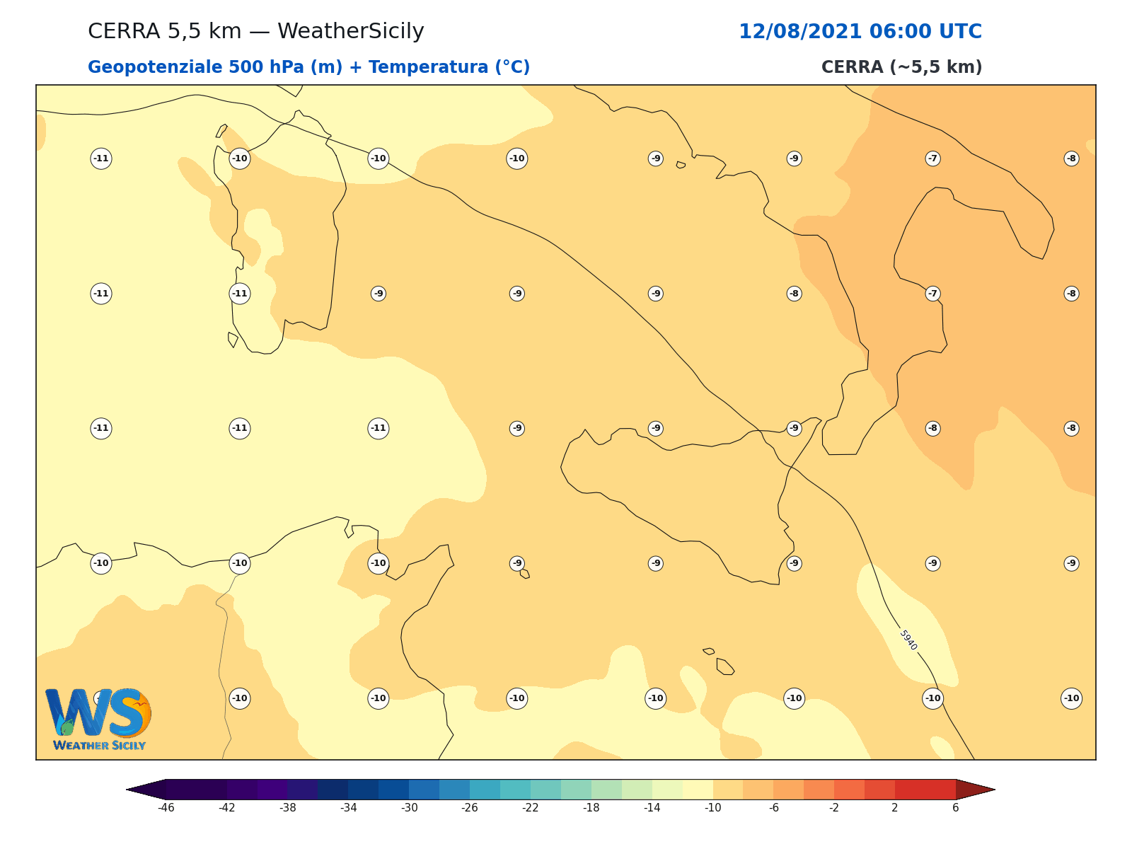 Geopotenziale 500 hPa + Temperatura · 2021081206